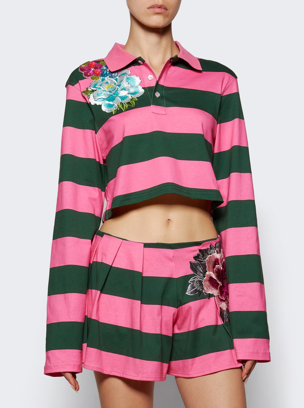 Embroidered Flower Rugby Stripe Polo Pink And Green - 2