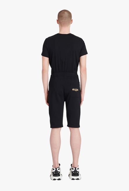 Black eco-designed cotton shorts with white and gold Balmain Paris logo print - 3