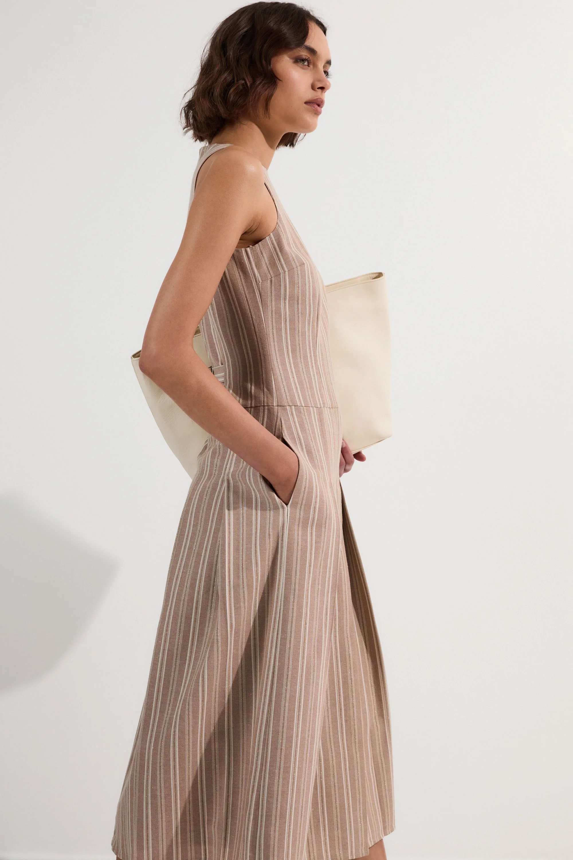 Tailored Stripe Linen Sleeveless Full Skirt Midi Dress - 1