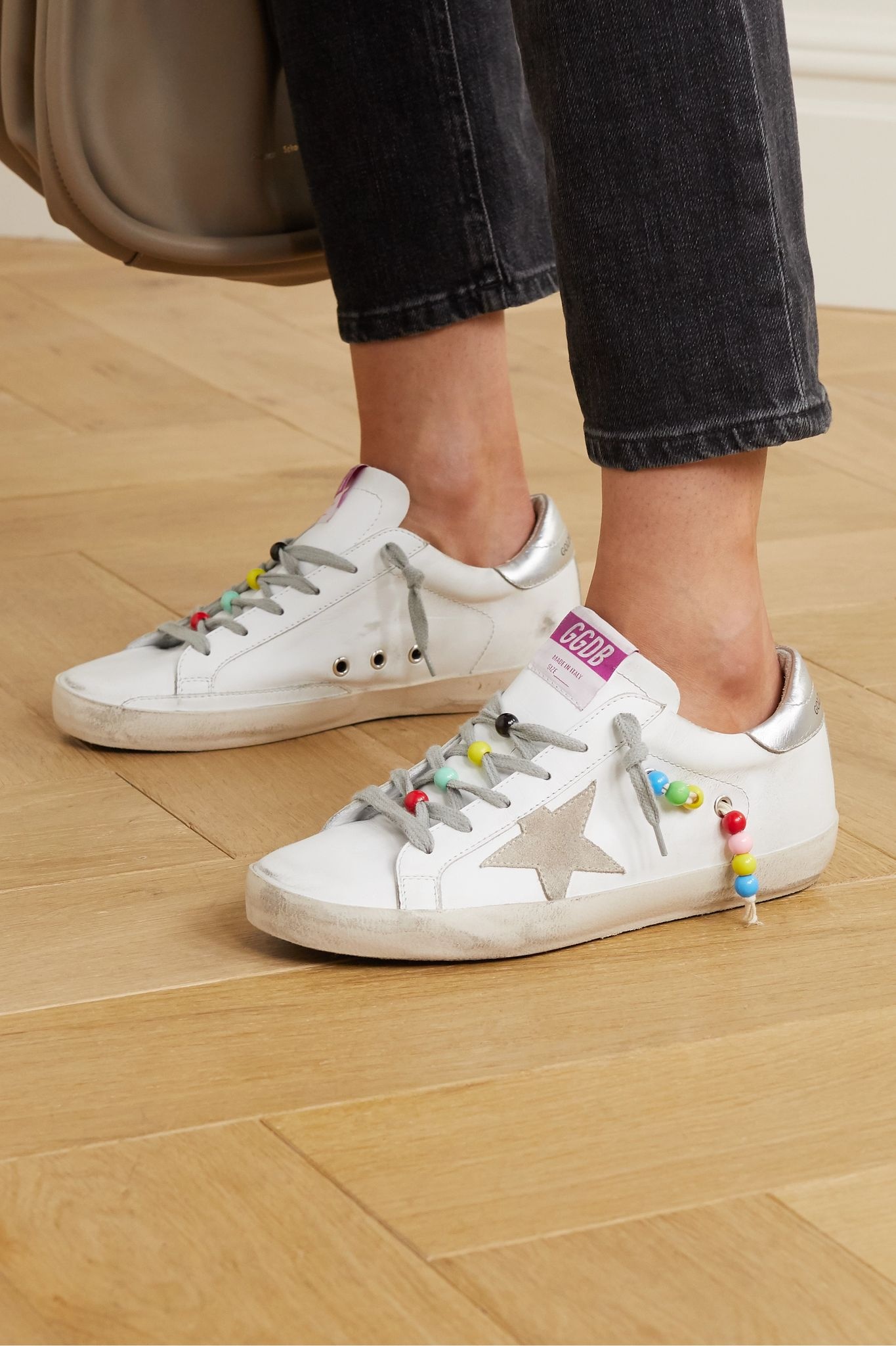 Superstar bead-embellished distressed leather and suede sneakers - 2