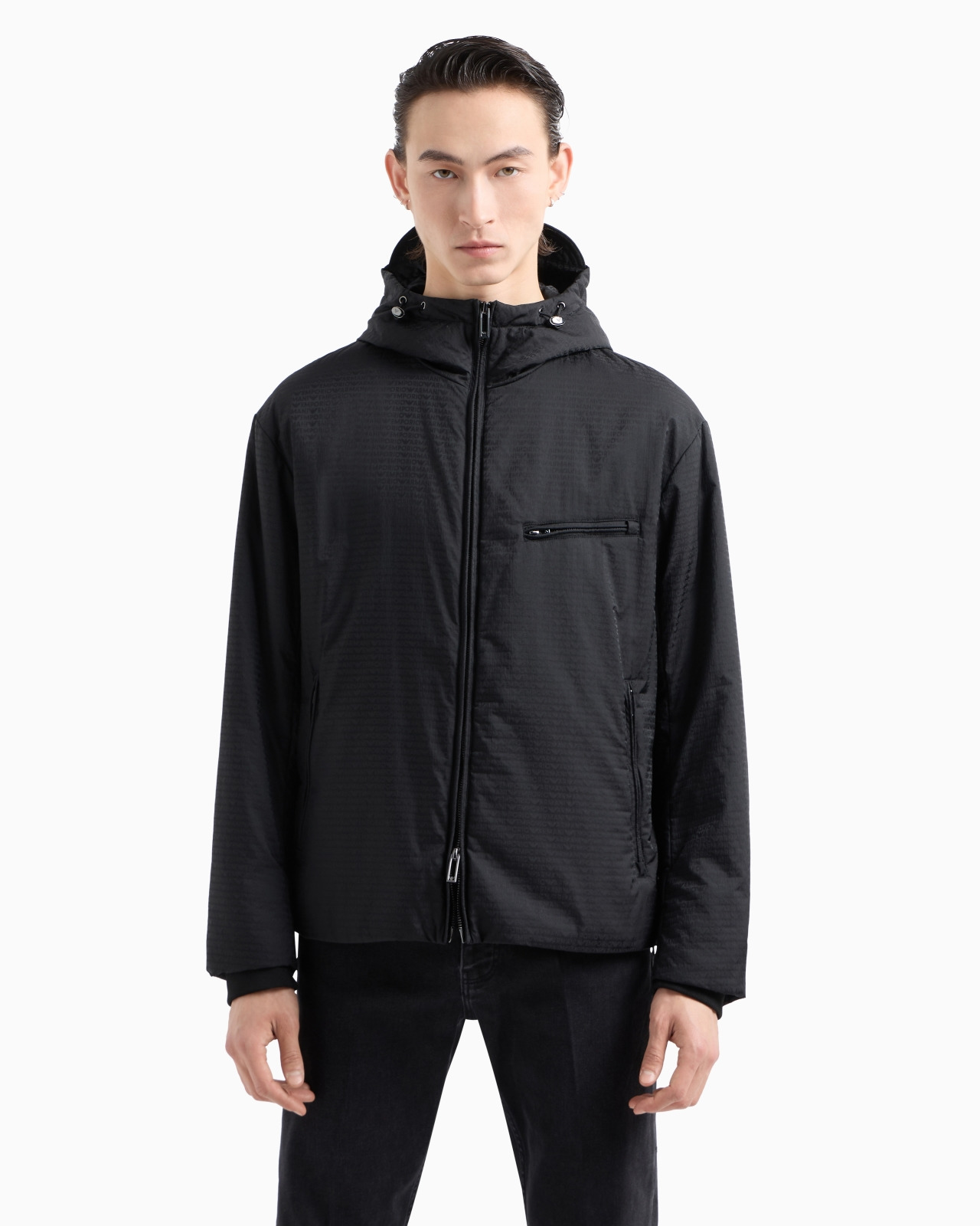 Lightweight nylon, hooded zip-up blouson with all-over jacquard lettering - 2