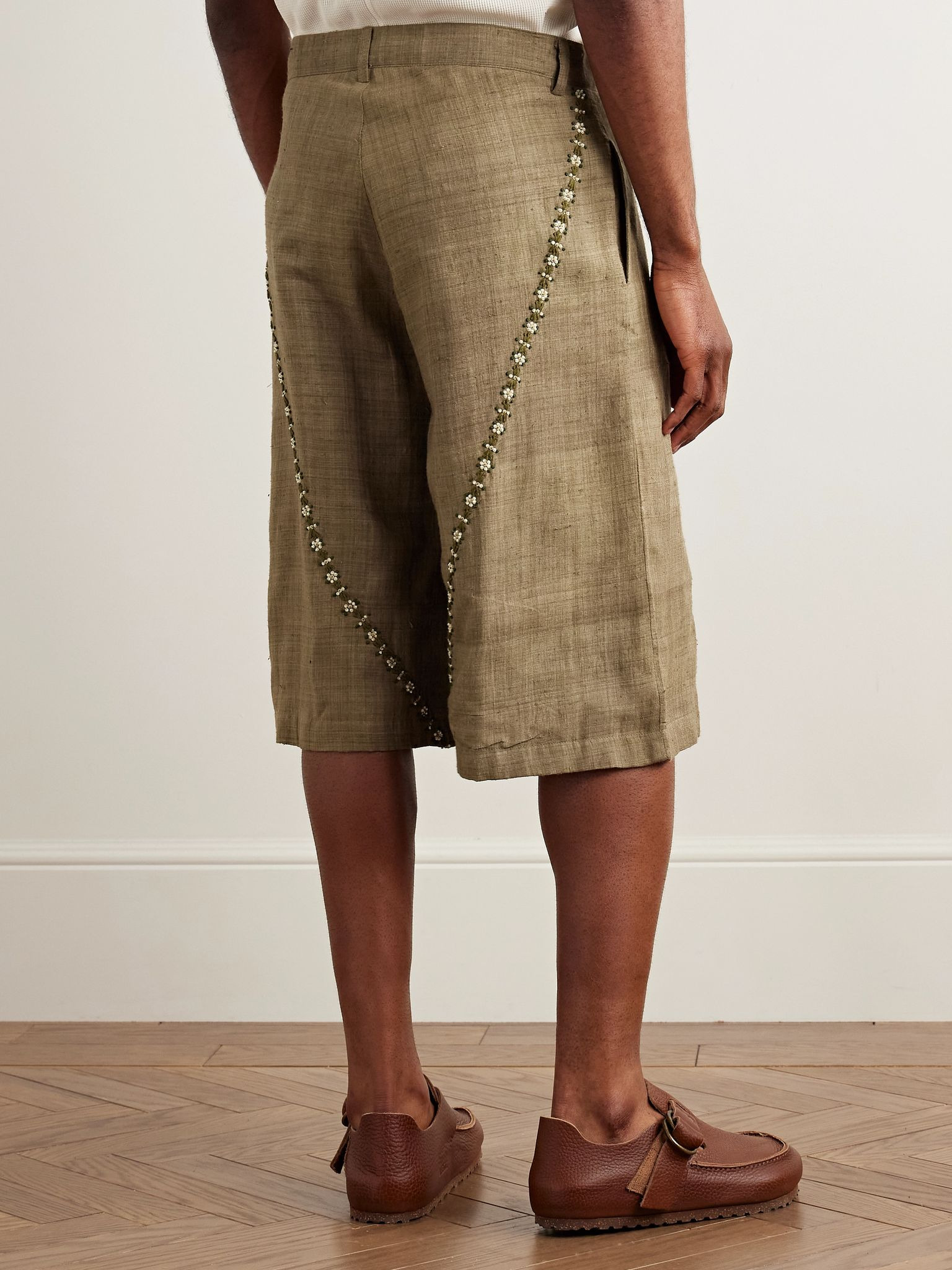 Straight-Leg Embellished Slub Silk-Voile Shorts Army green - 4