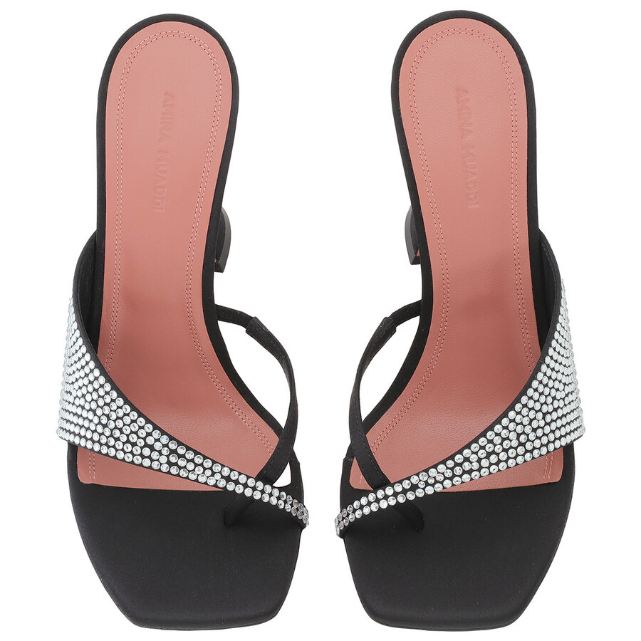 Amina Muaddi Ladies Satin Black/White Crystals Shiona Slippers - 3