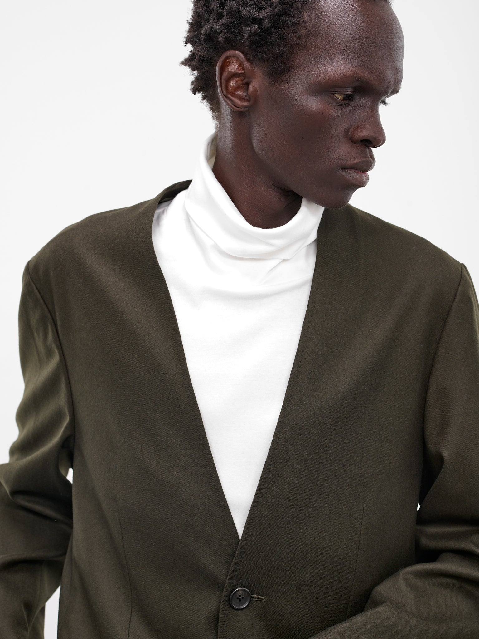 Dark Olive Lapelless Wool Blazer - 4