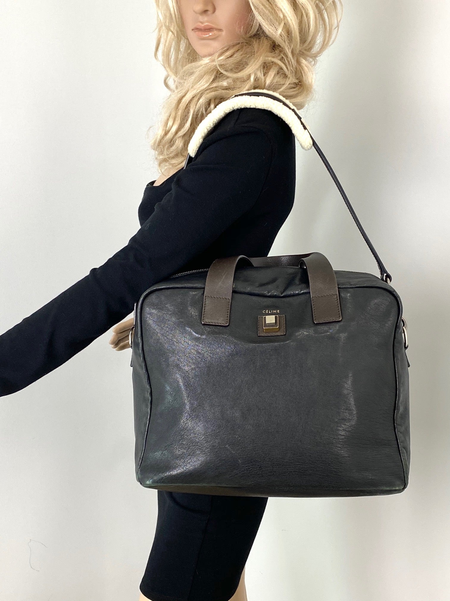 Celine Black Leather Handle Bag Vintage Briefcase messenger Bag - 3