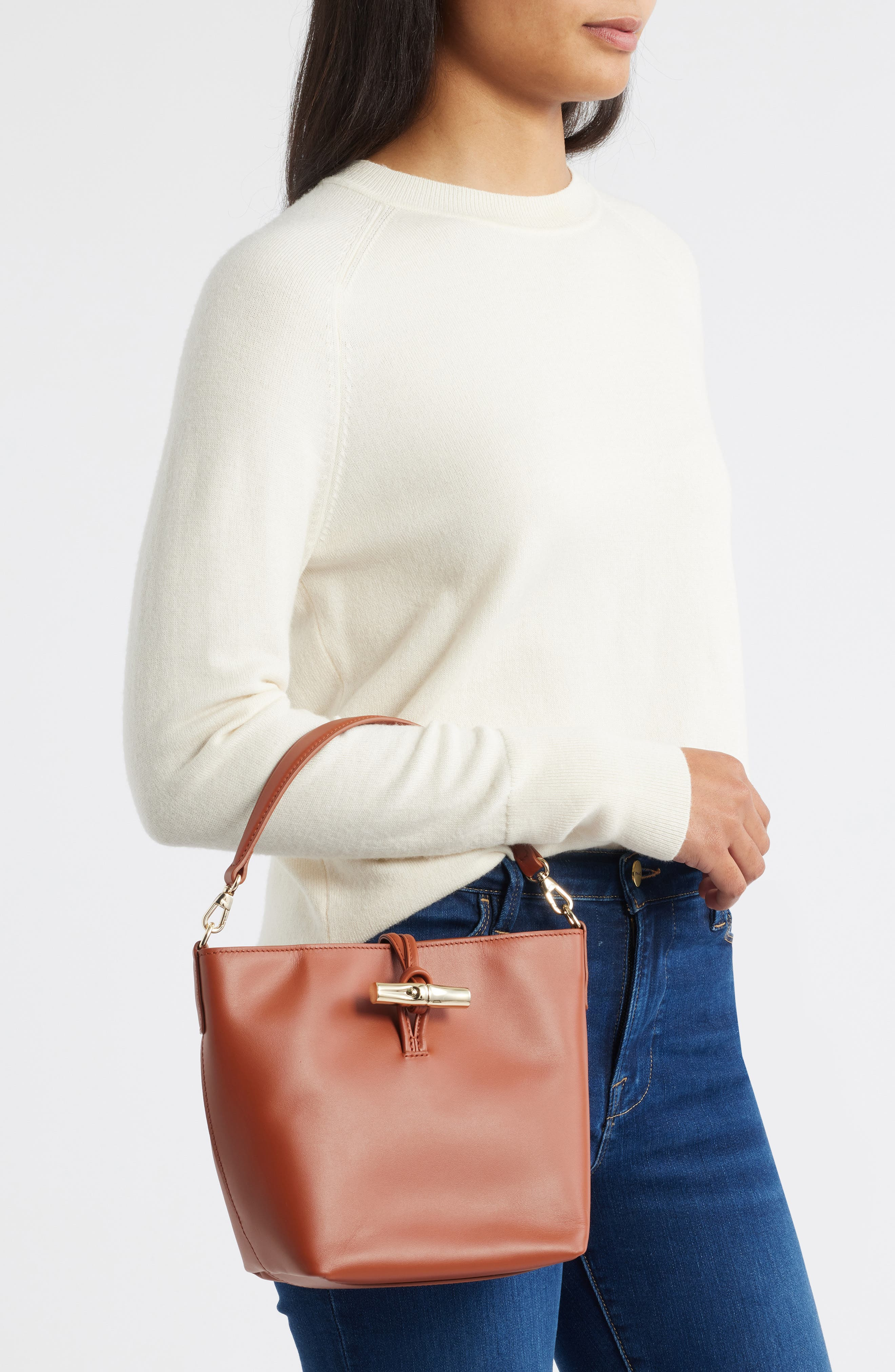Longchamp Extra Small Le Roseau Leather Bucket Bag in Bark at Nordstrom - 3