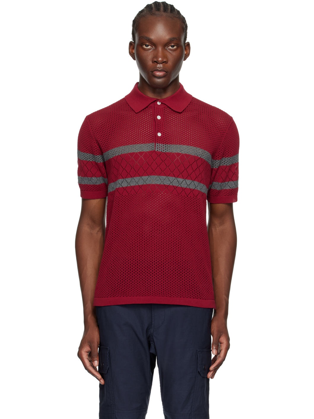 Burgundy Mesh Stripe Polo - 1