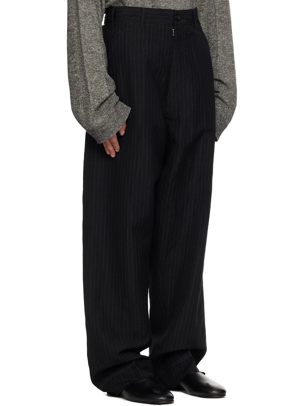 Black Pinstripe Linen & Wool Trousers - 2
