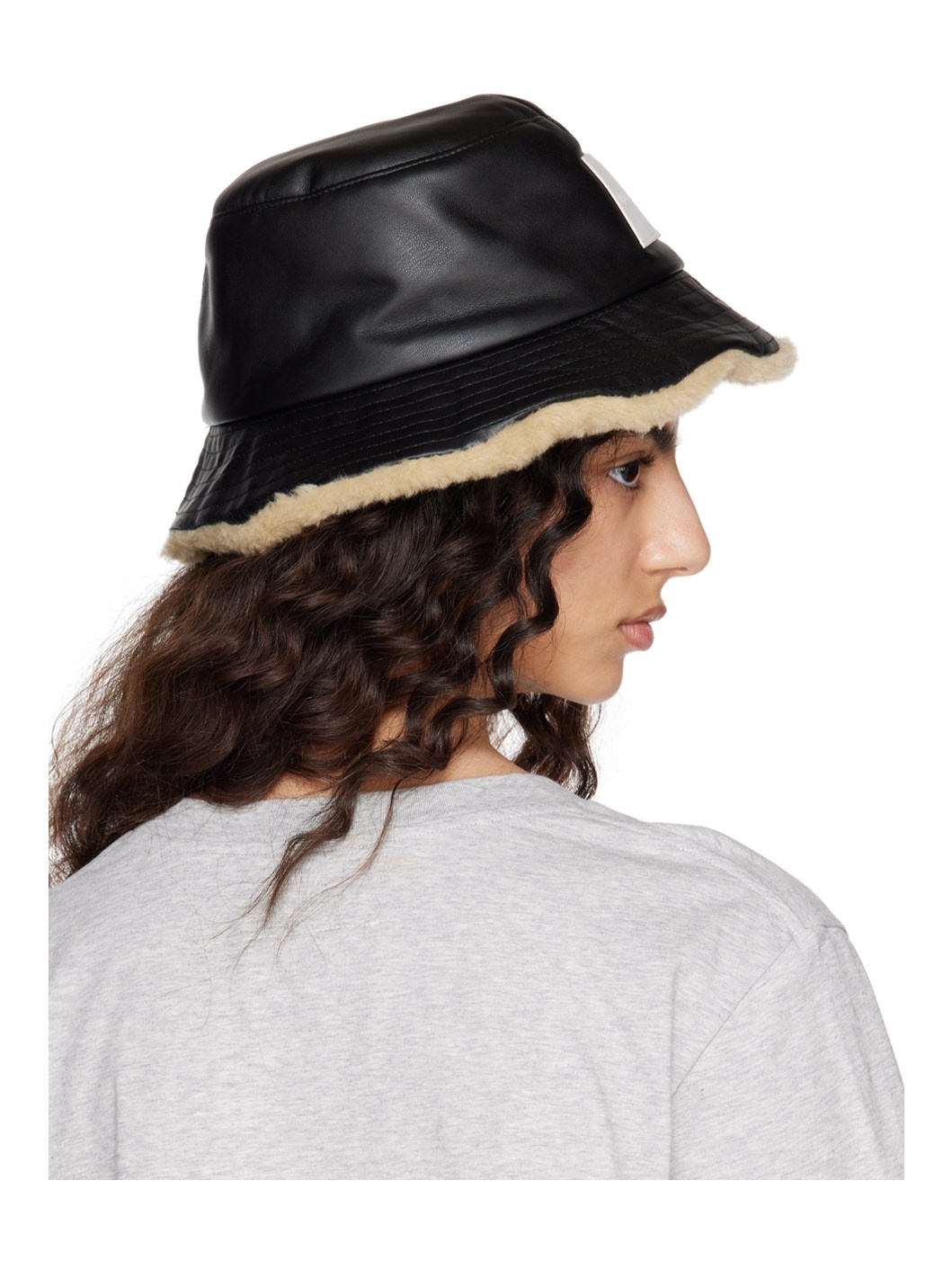 MM6 Maison Margiela Black Patch Faux-Leather Bucket Hat | REVERSIBLE