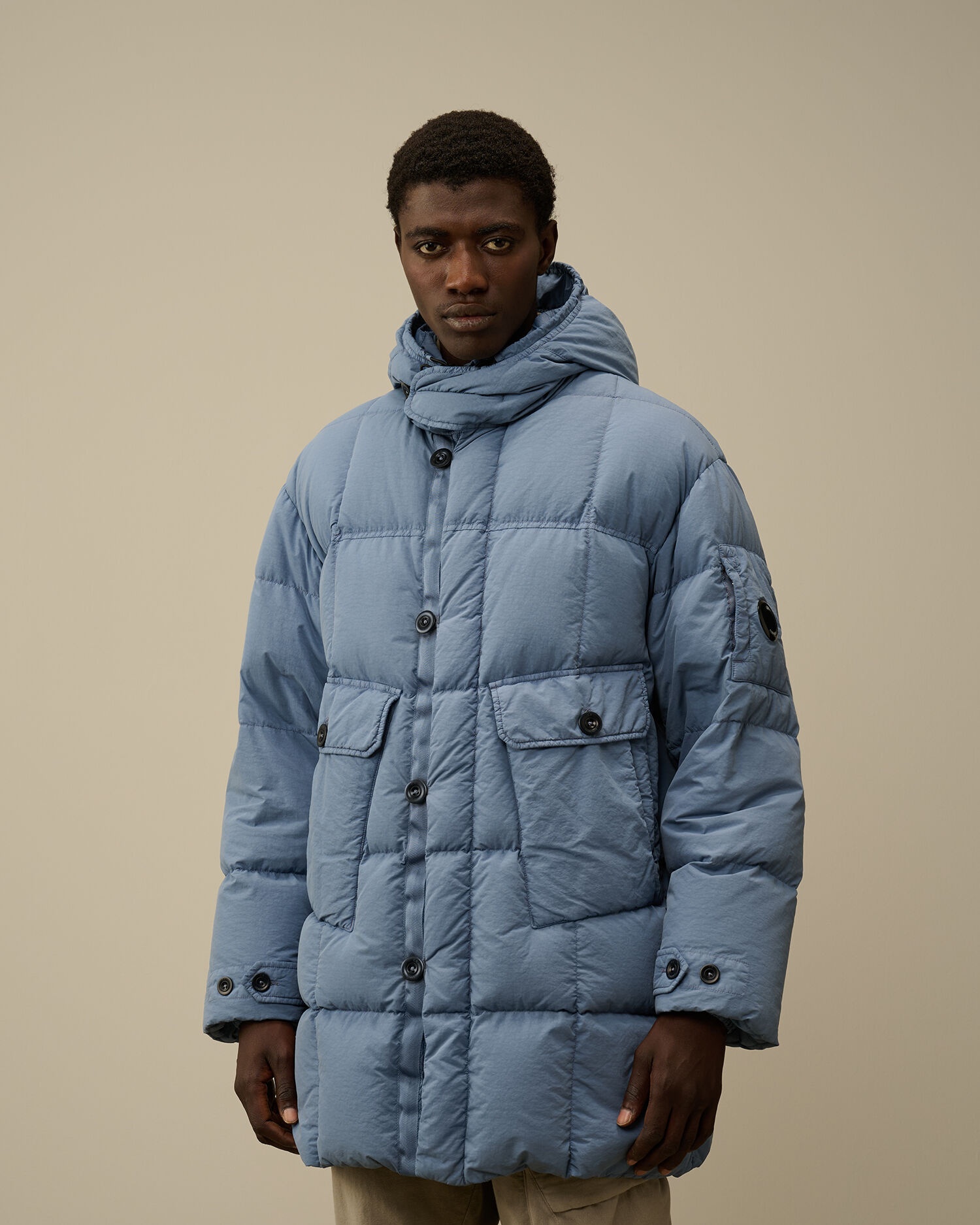 C.P. Company Flatt Nylon Hooded Long Down Jacket | REVERSIBLE 