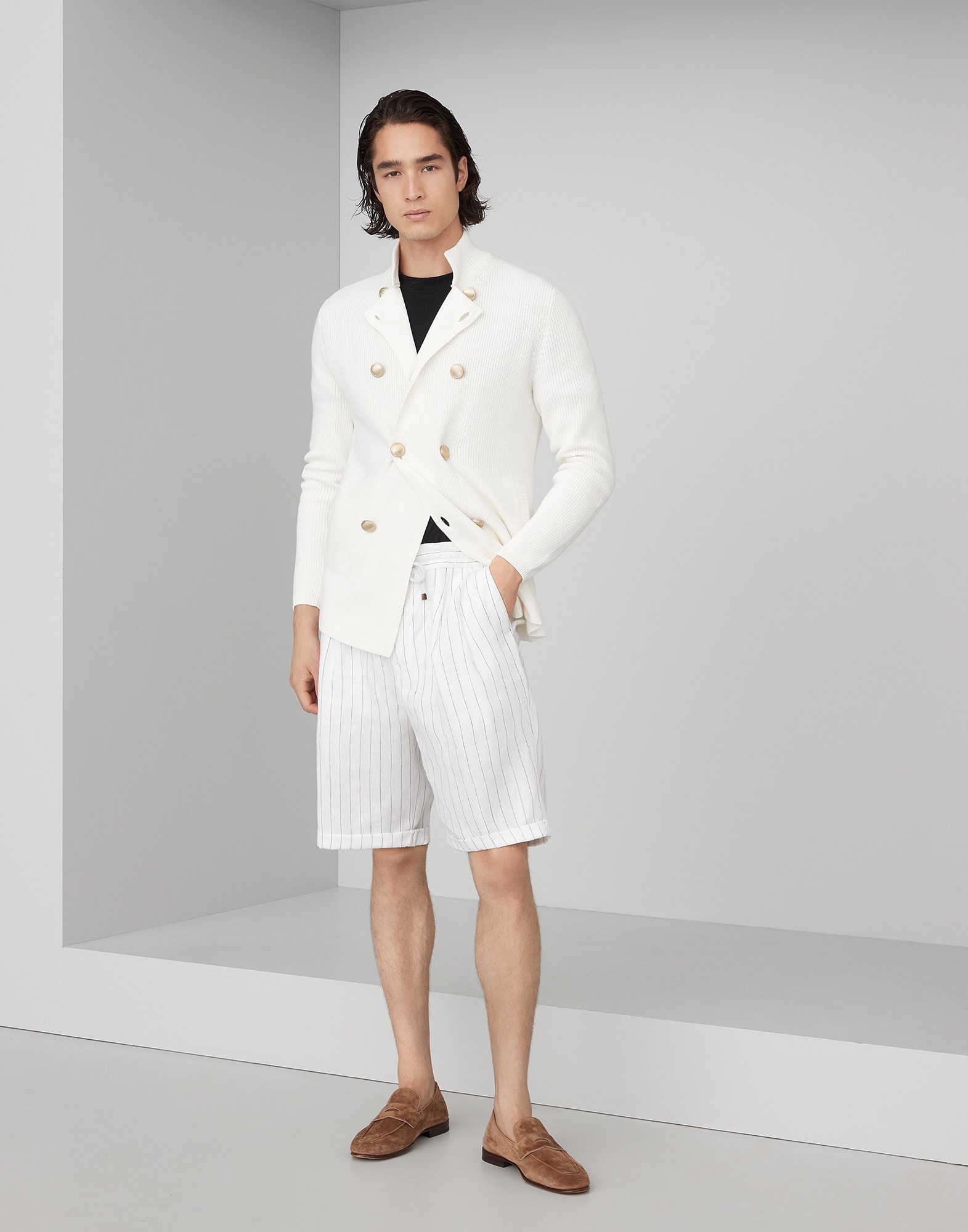 Linen chalk stripe Bermuda shorts with drawstring and double pleats - 4