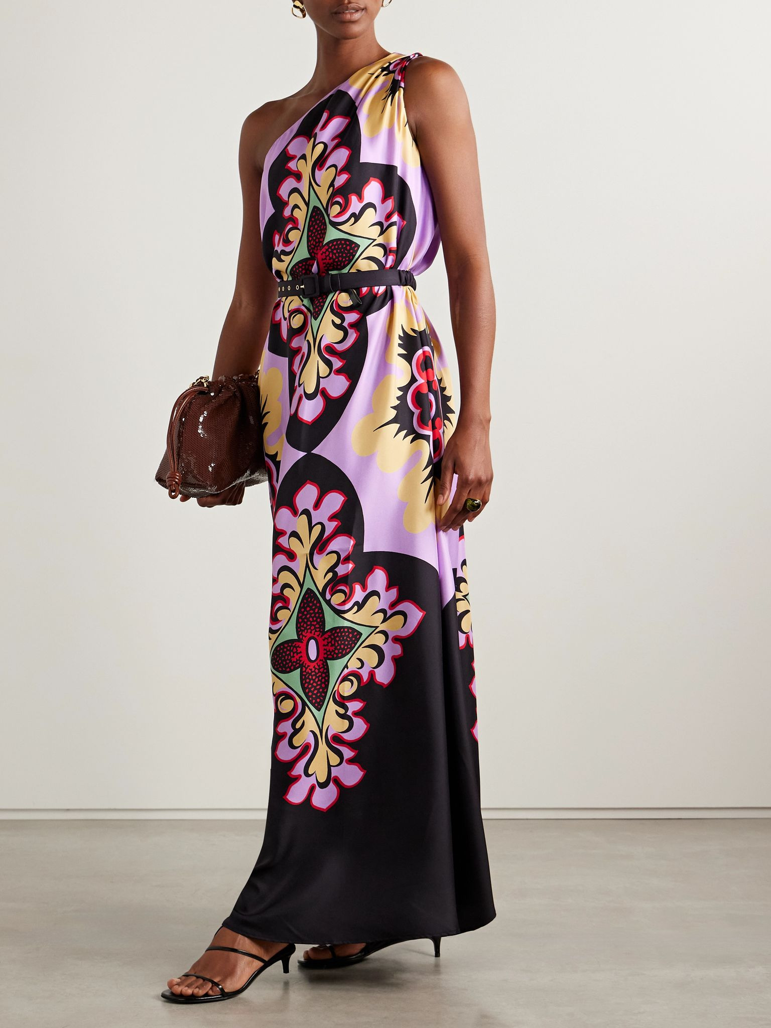 Roy one-shoulder printed silk-twill maxi dress Purple - 2