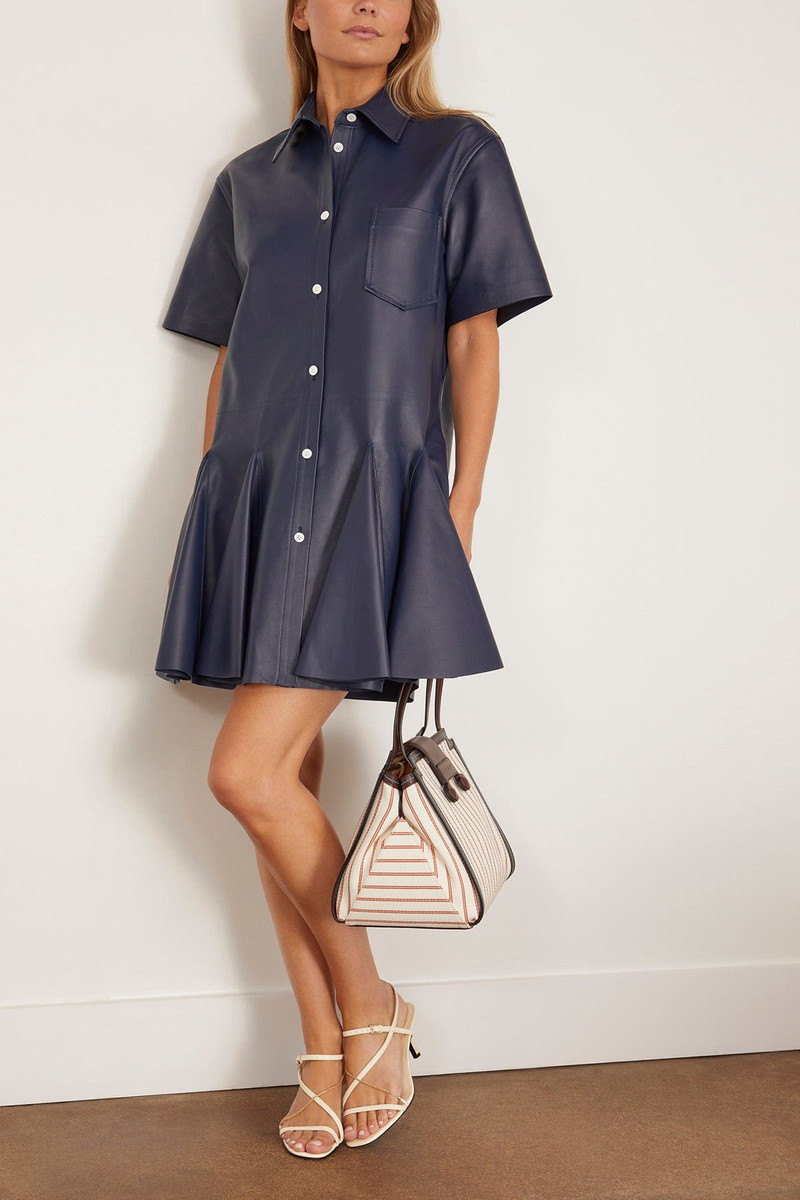 Marni Pleated leather mini shirt dress Blue outlook