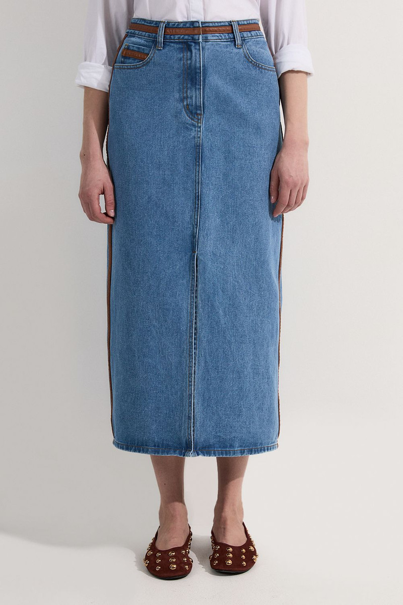 Denim & Faux Leather Tipped Side Pencil Midi Skirt 2