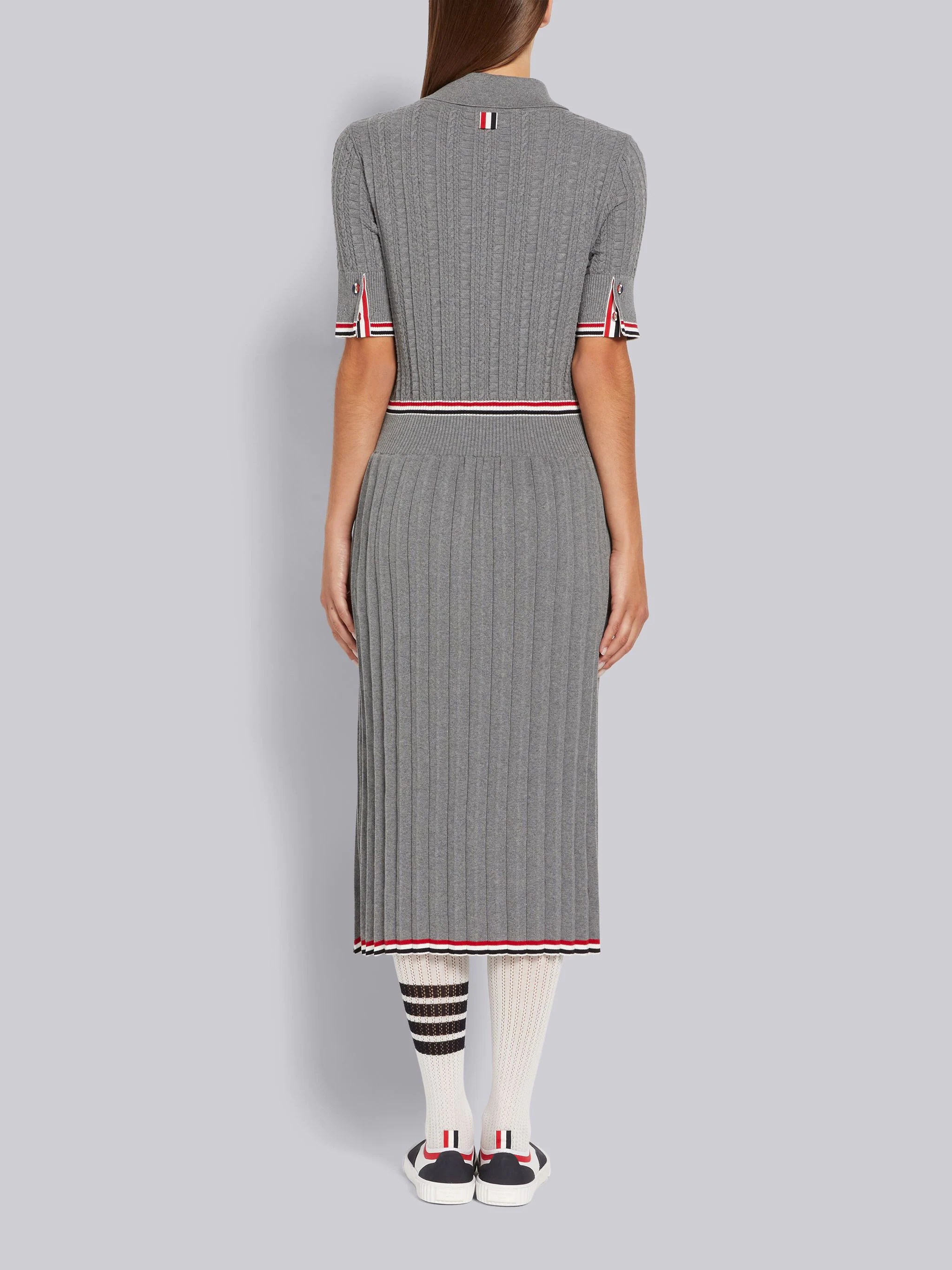 Light Grey Cable Texture Overtwisted Cotton Stripe Framing and Waistband Pleated Below the Knee Polo - 3