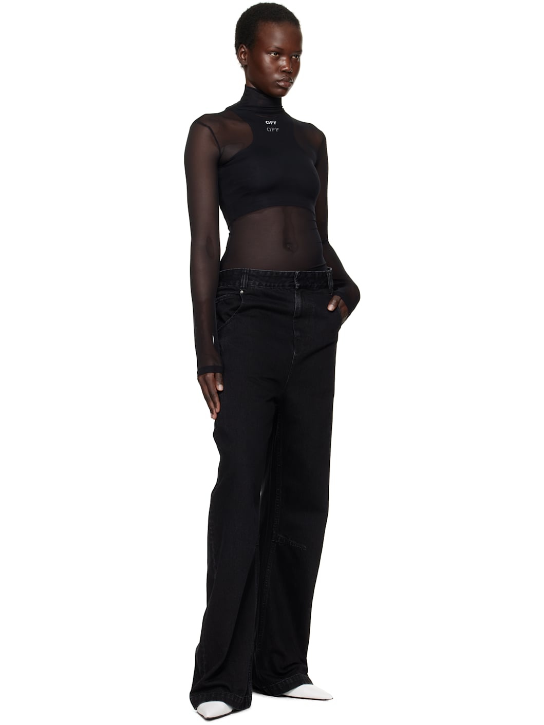 Black 'Off' Stamp Mesh L/S Turtleneck - 5
