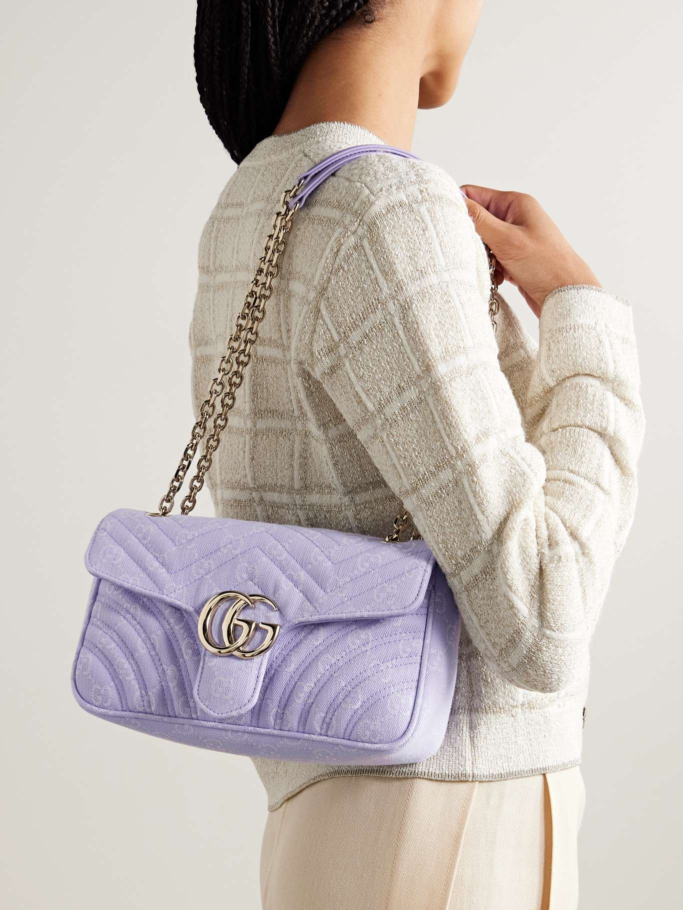 GG Marmont 2.0 embellished leather-trimmed matelassé twill-jacquard shoulder bag Purple - 2