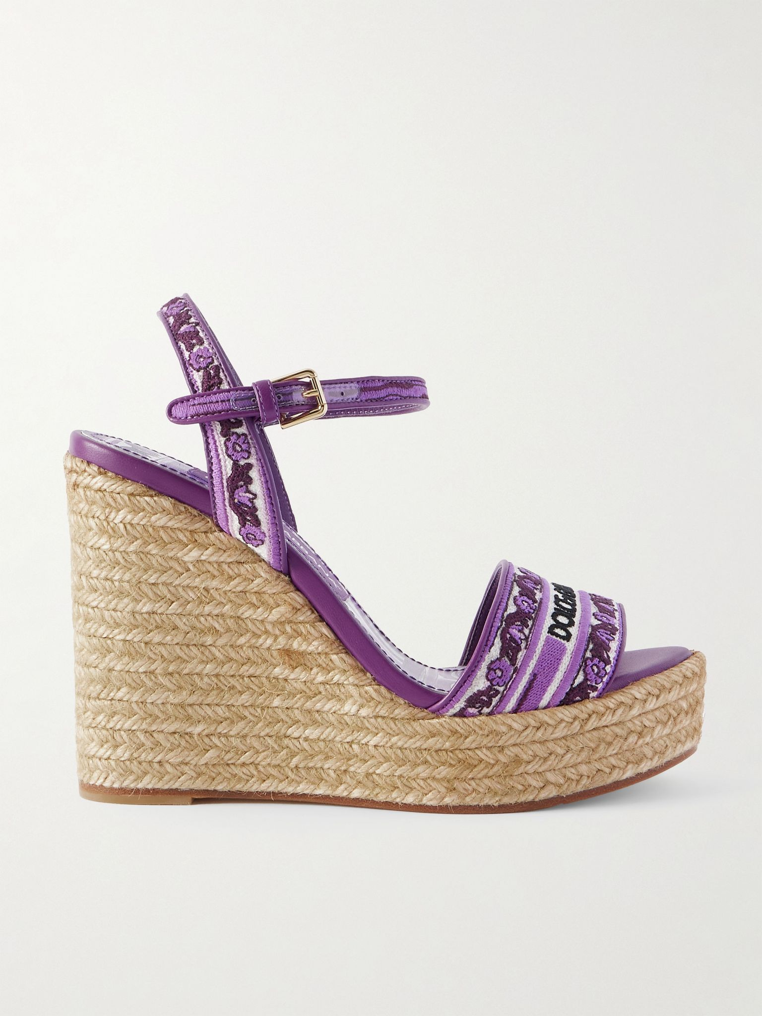 Leather-trimmed embroidered canvas platform wedge sandals Purple - 1