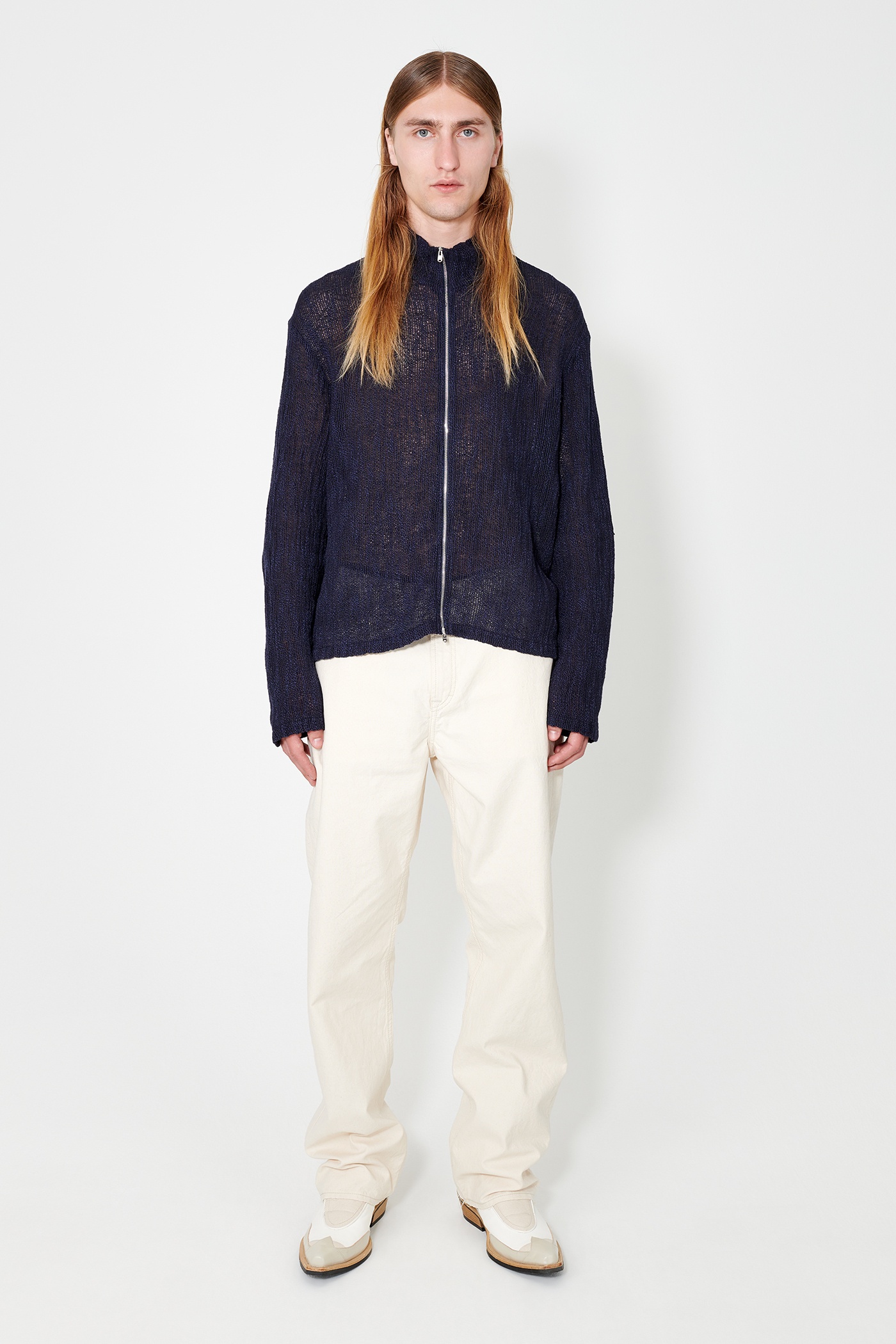 Shrunken Full Zip Polo Navy Yawning Linen - 7
