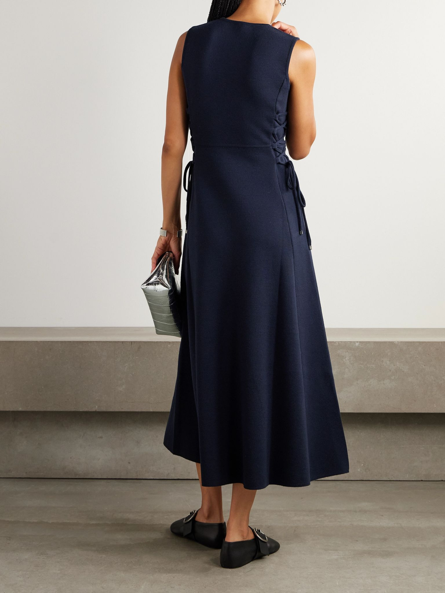 Delfi lace-up wool midi dress Navy - 4