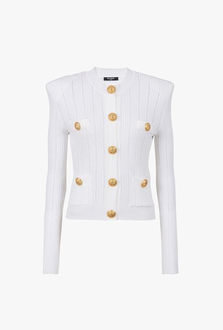 Cropped white eco-designed knit cardigan with gold-tone buttons - 1