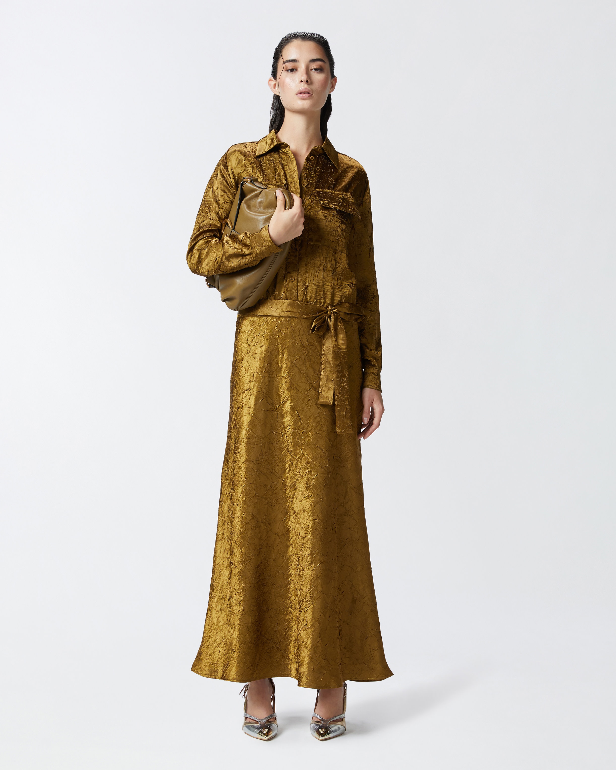 LONG CRINKLED SATIN SHIRT DRESS - 2