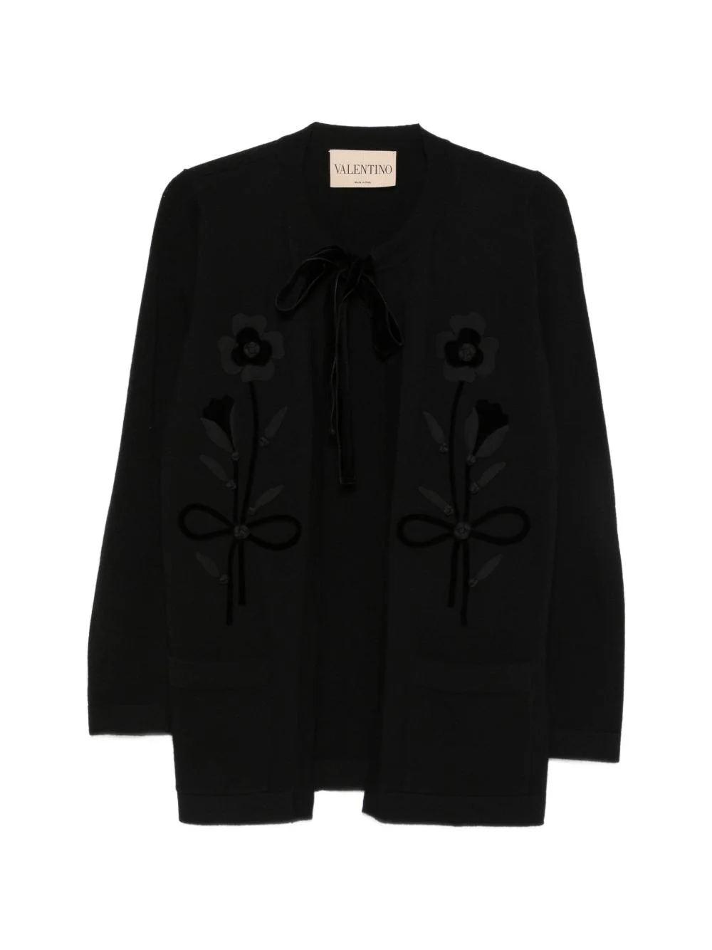 floral-applique bow-fastening cardigan - 1
