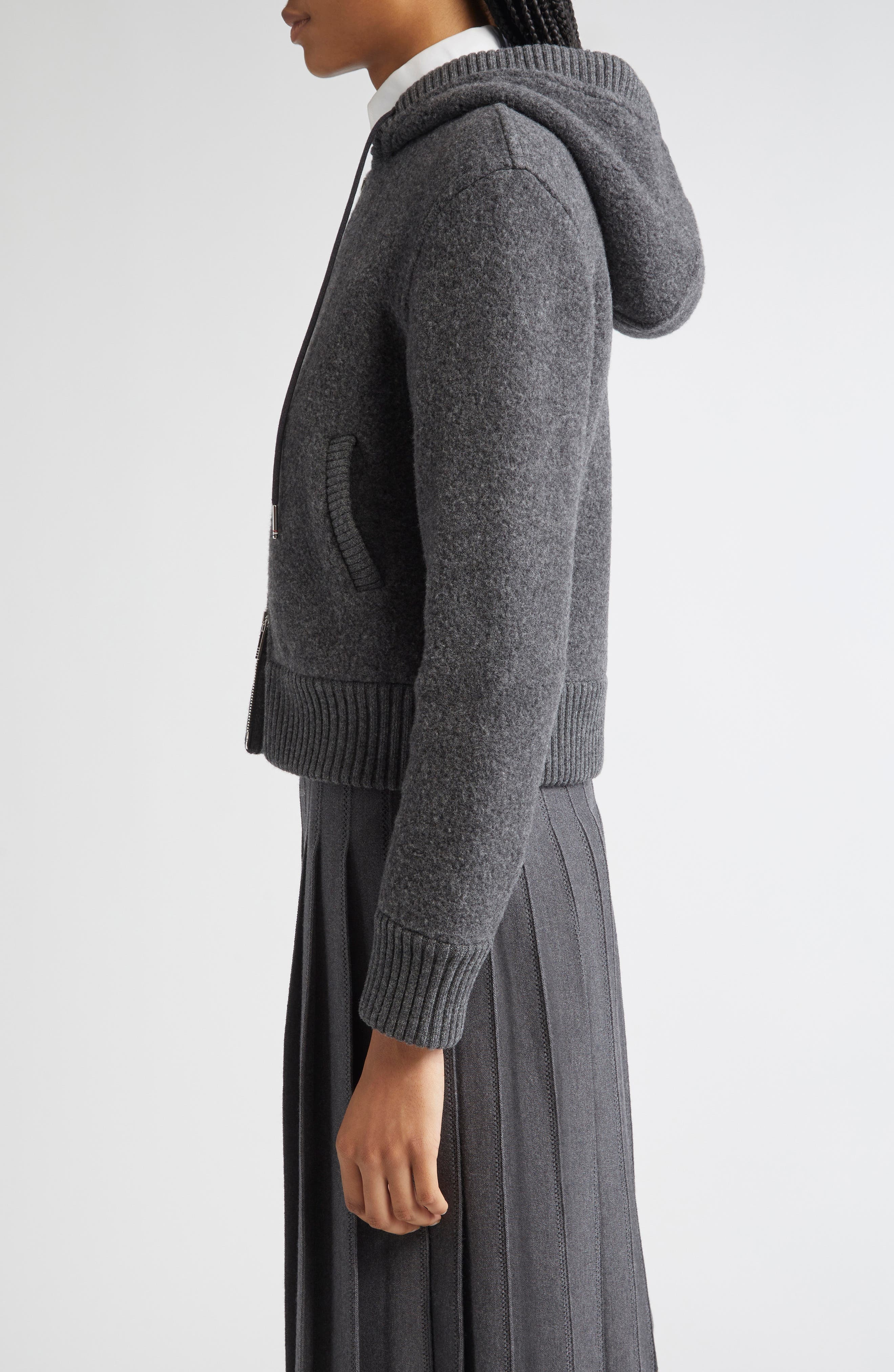 Thom Browne Wool Fleece Full Zip Hoodie in Charcoal at Nordstrom - 4