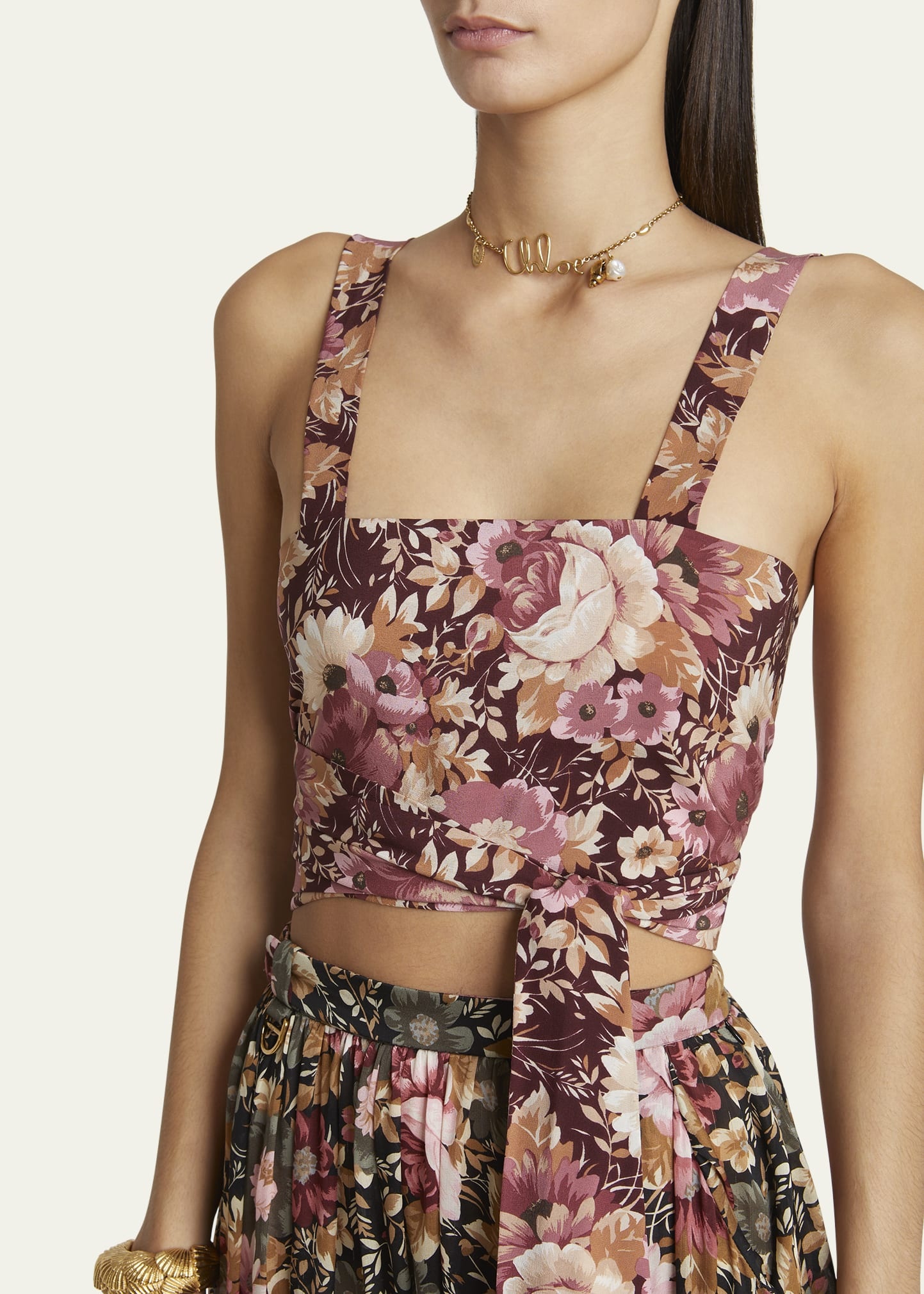 Rose Print Cropped Silk Top - 5
