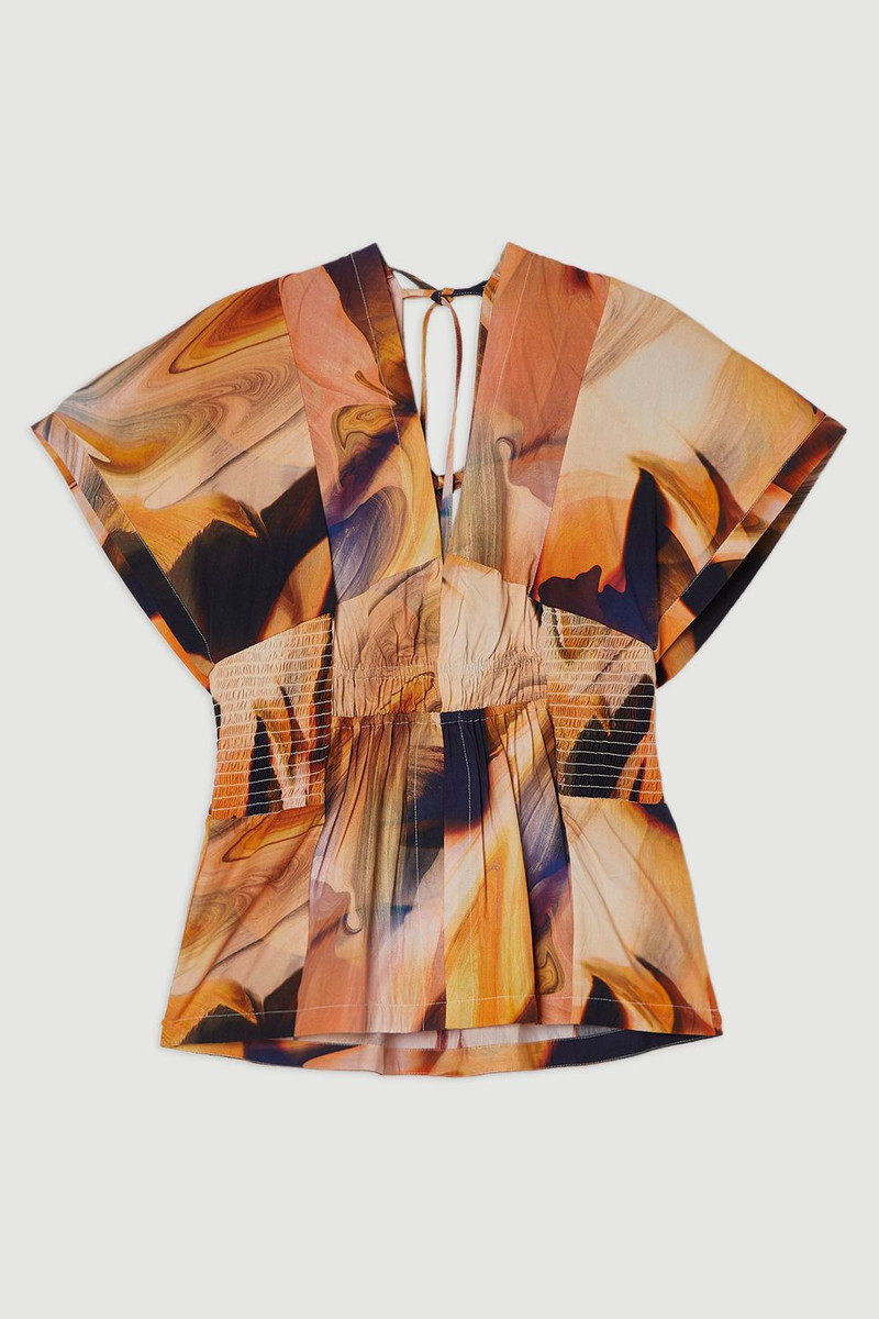 Shirred Cotton Printed Woven Plunge Neck Short Sleeve Top 4