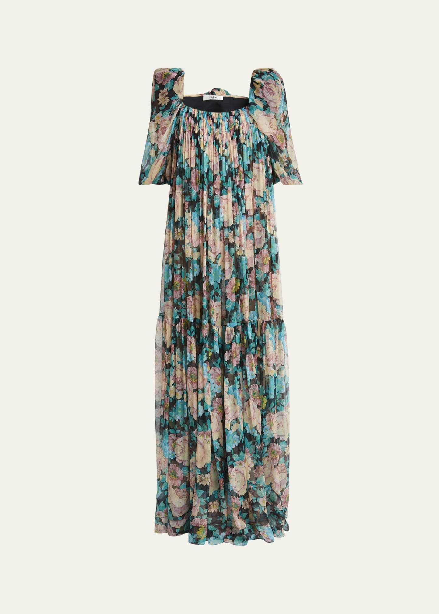Long Floral Puff-Sleeve Silk Dress - 1