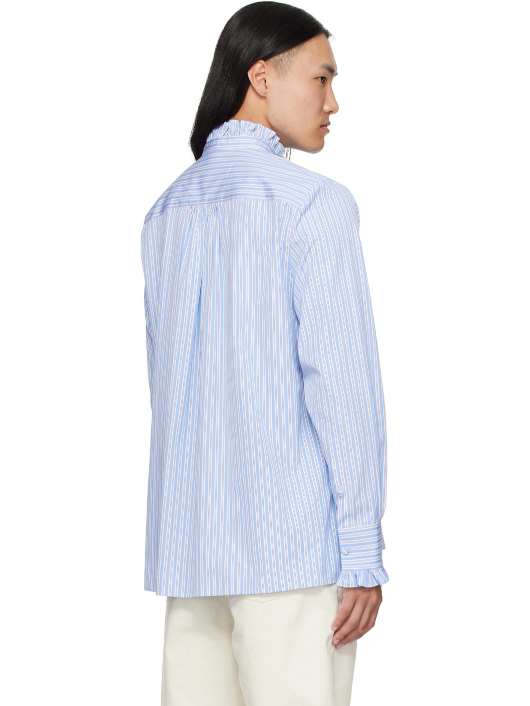 Blue Striped Cotton Ruffle Shirt - 3