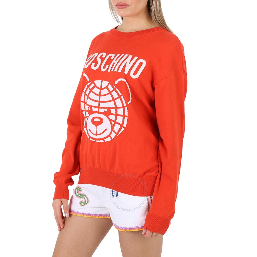 Moschino Fantasy Print Red Teddy Logo Intarsia-Knit Cotton Sweater - 4