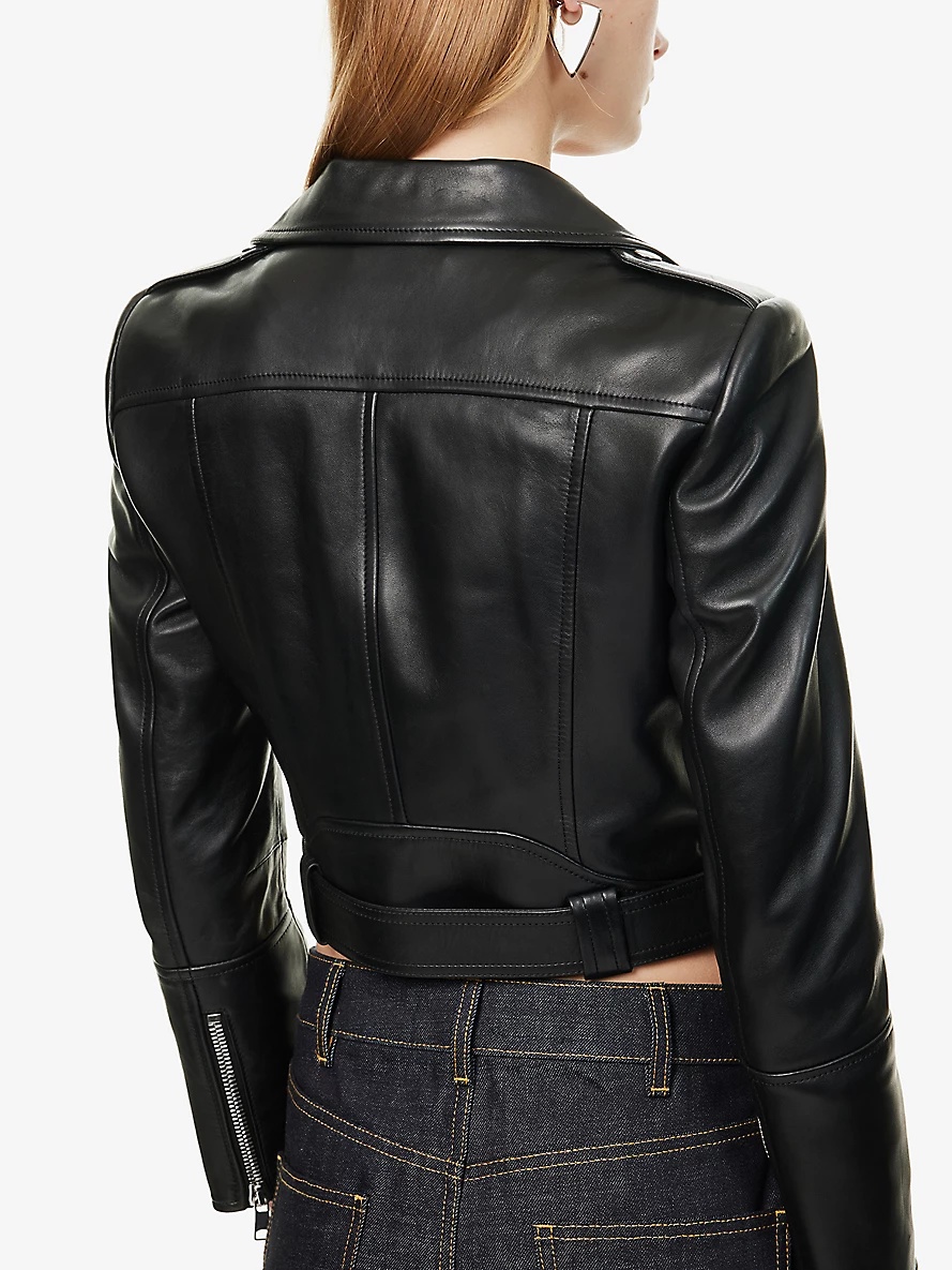 Cropped Biker-Collar Slim-Fit Leather Jacket - 6