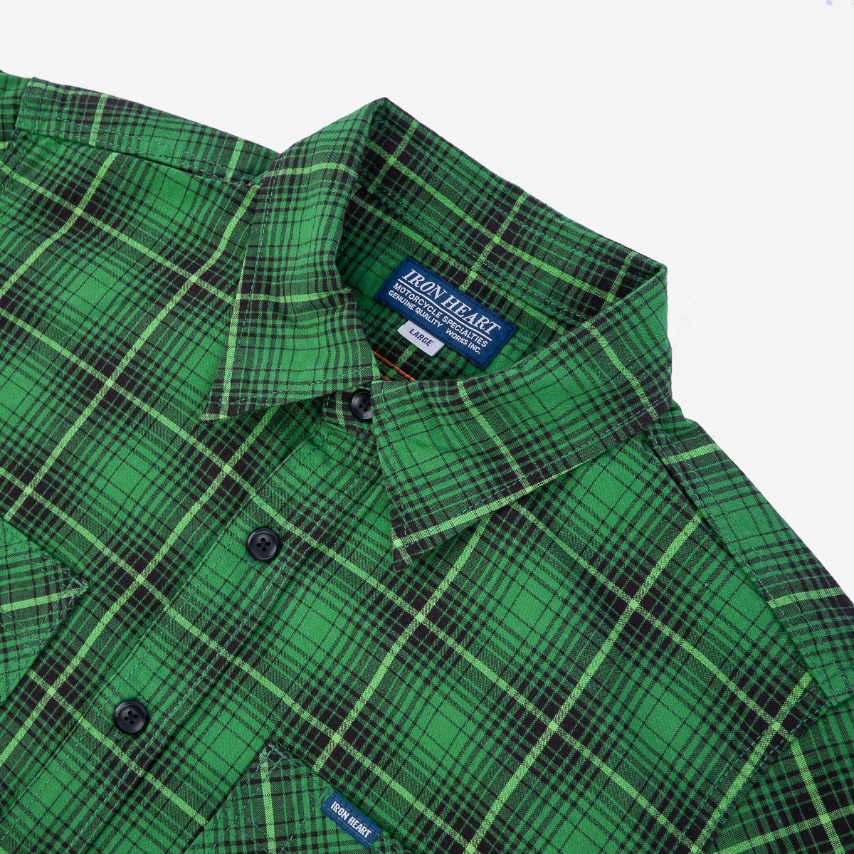 IHSH-392-GRN 5oz Selvedge Short Sleeved Work Shirt - Green Vintage Check - 6