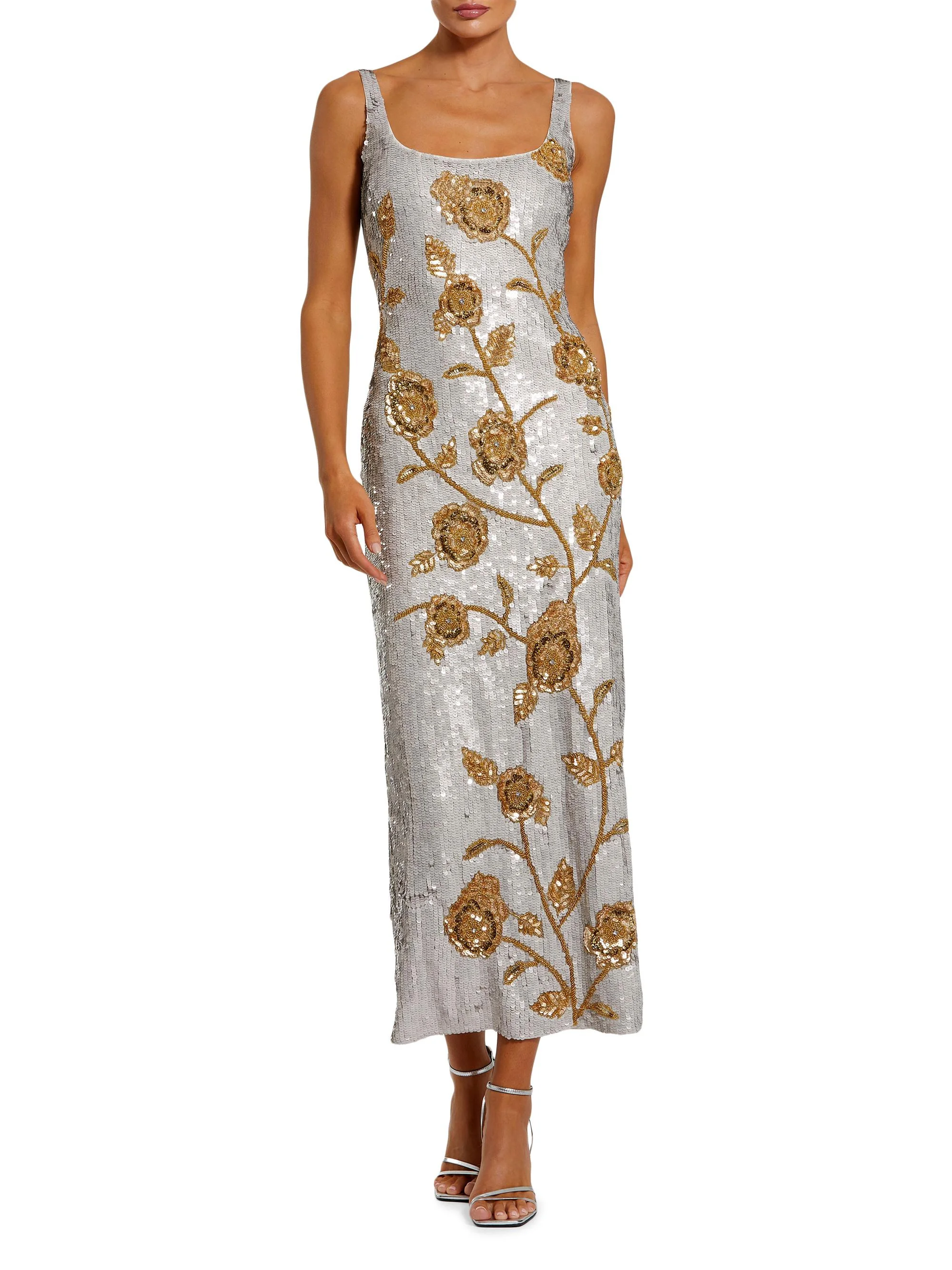 Women's Cocktail Sequined Floral Mesh Dress - Platinum Gold - 1