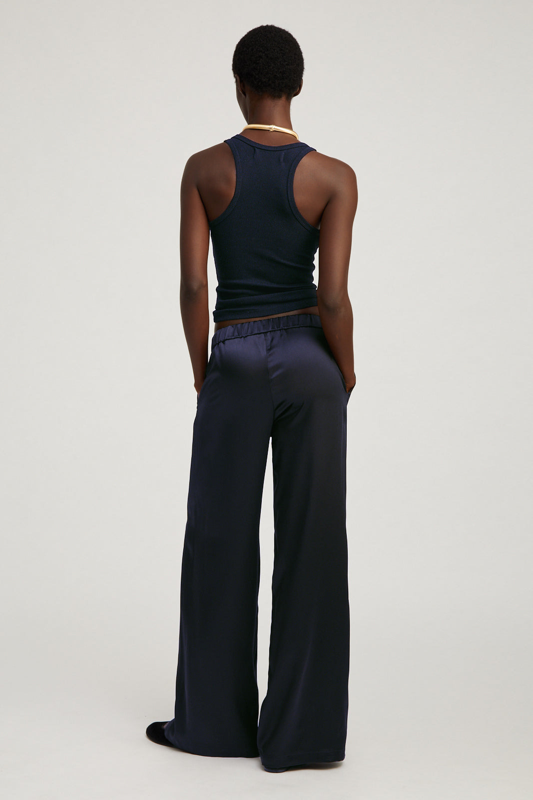 NAVY SILK WIDE LEG PINTUCK PANTS - 2