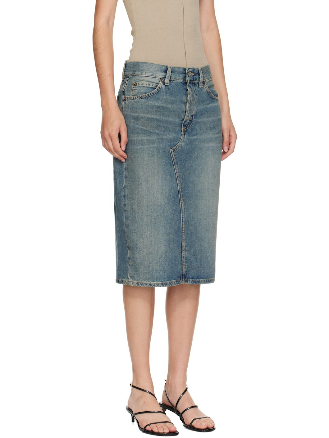 Blue Faded Denim Midi Skirt - 2