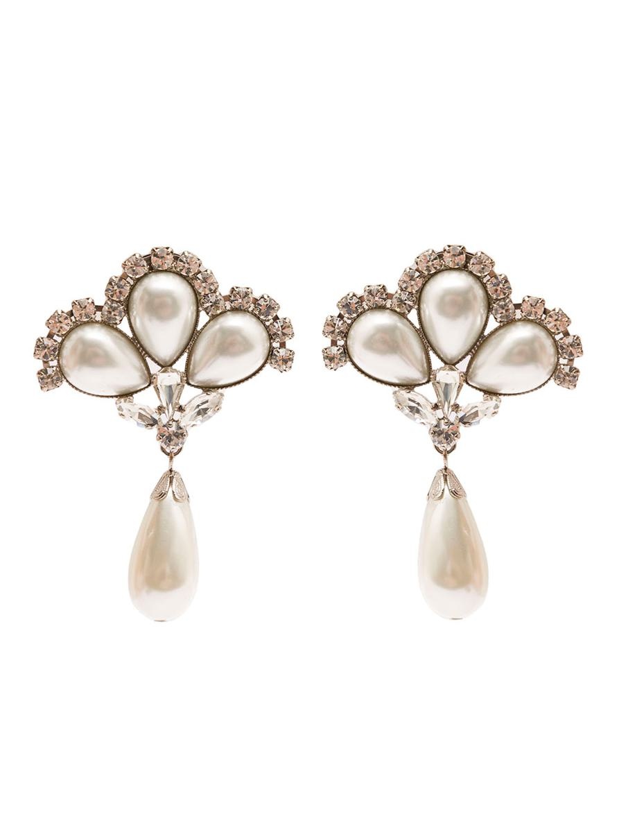 ALESSANDRA RICH SILVER-COLORED CLIP-ON CRYSTAL EARRINGS WITH PENDANT PEARL IN HYPOALLERGENIC BRASS W - 1