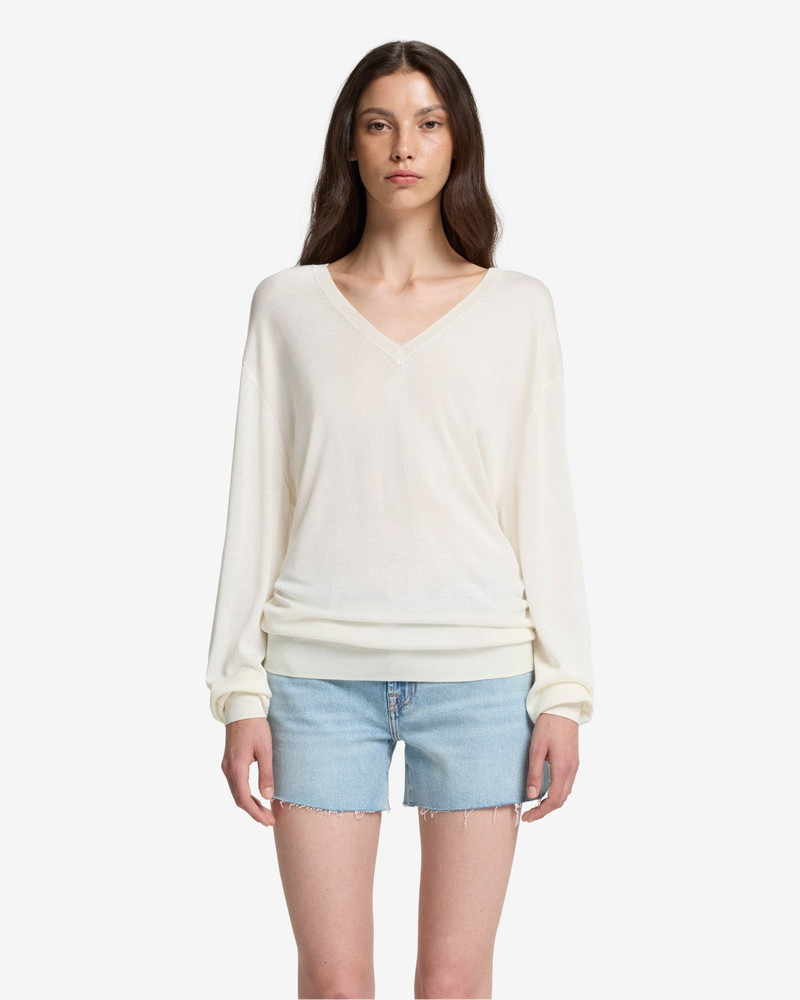 7 For All Mankind Silk Blend V-Neck Pullover in Ivory outlook