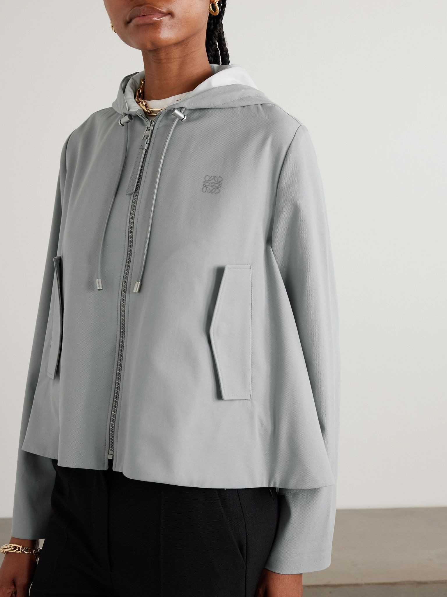 Cropped hooded embroidered cotton-twill jacket Gray - 3