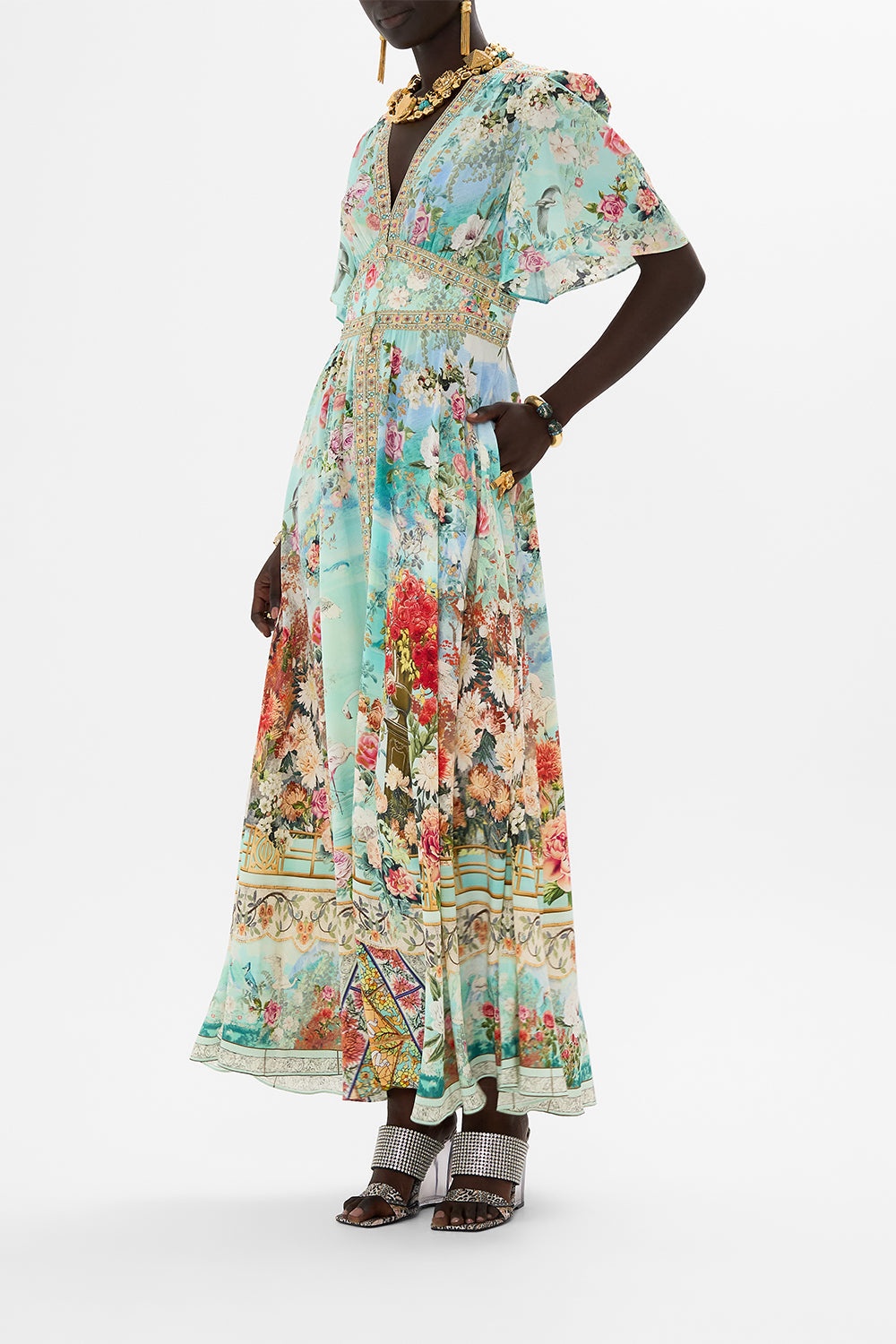 SHAPED WAISTBAND DRESS WITH FLUTTER SLEEVES - 4