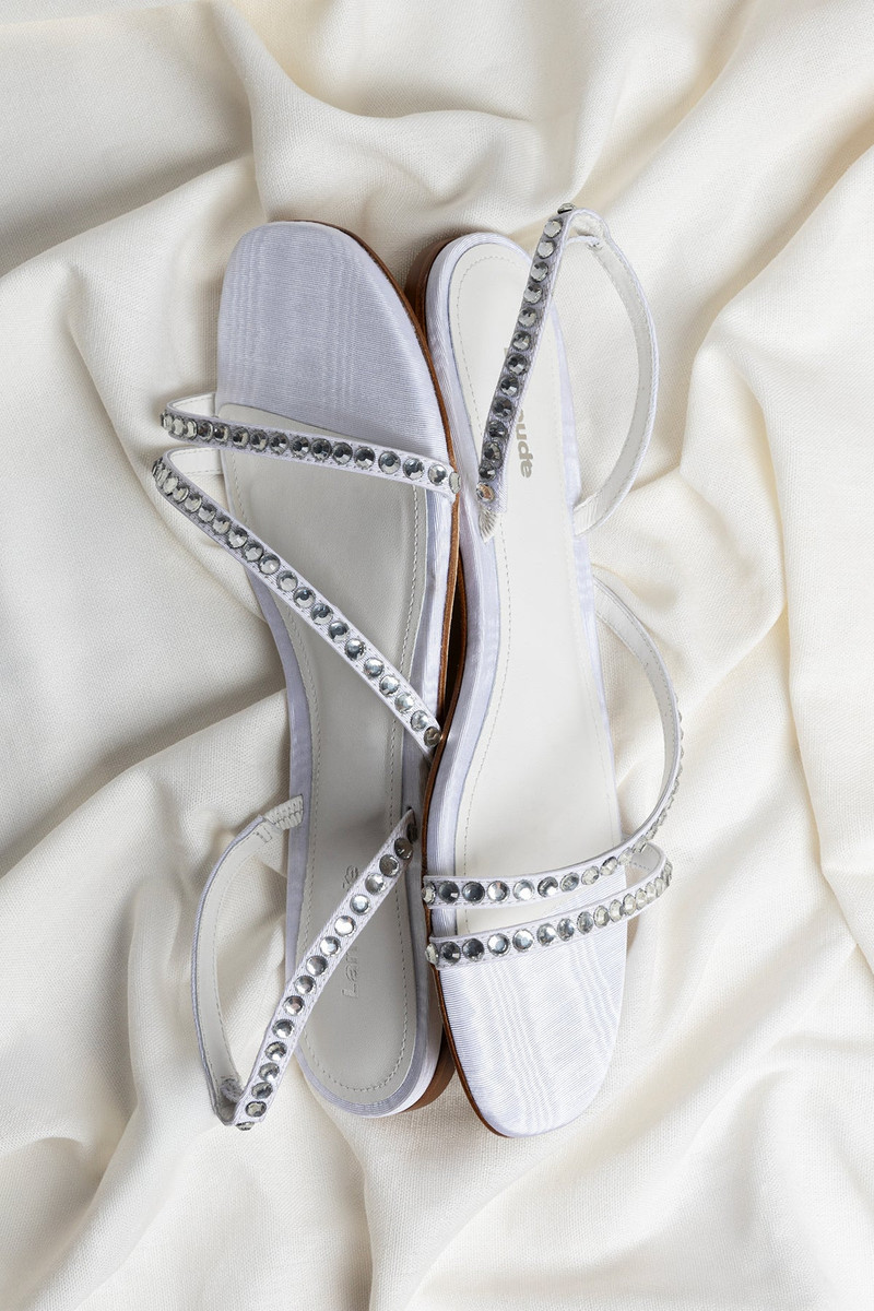Larroudé Vicky Flat Sandal In White Fabric and Crystals outlook