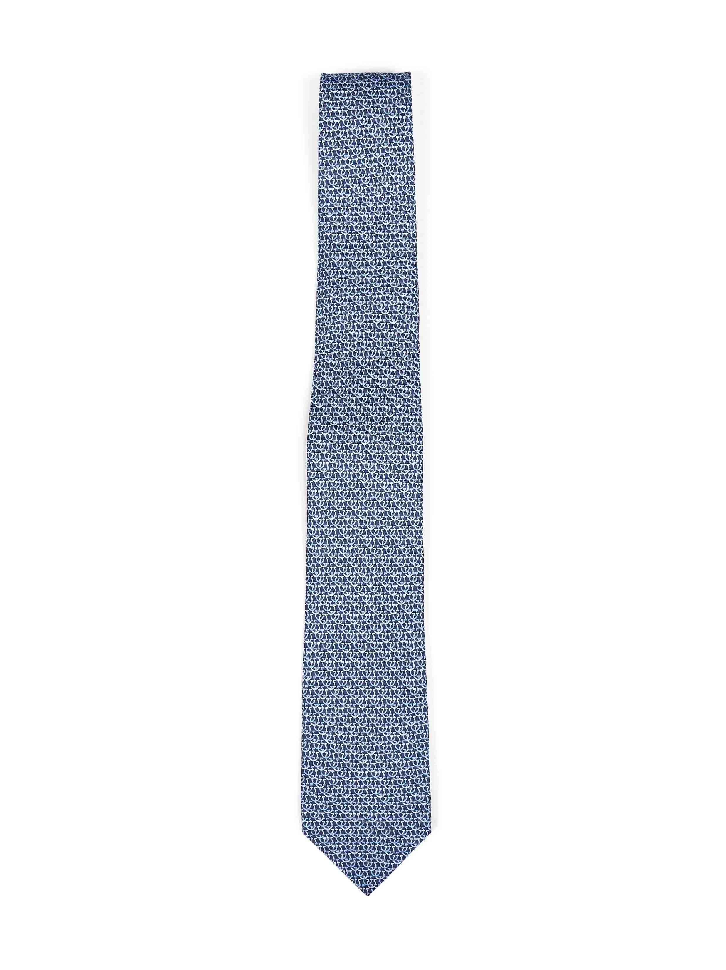 Ferragamo Men Navy Blue Gancini Silk Twill Cerchio Tie - 1