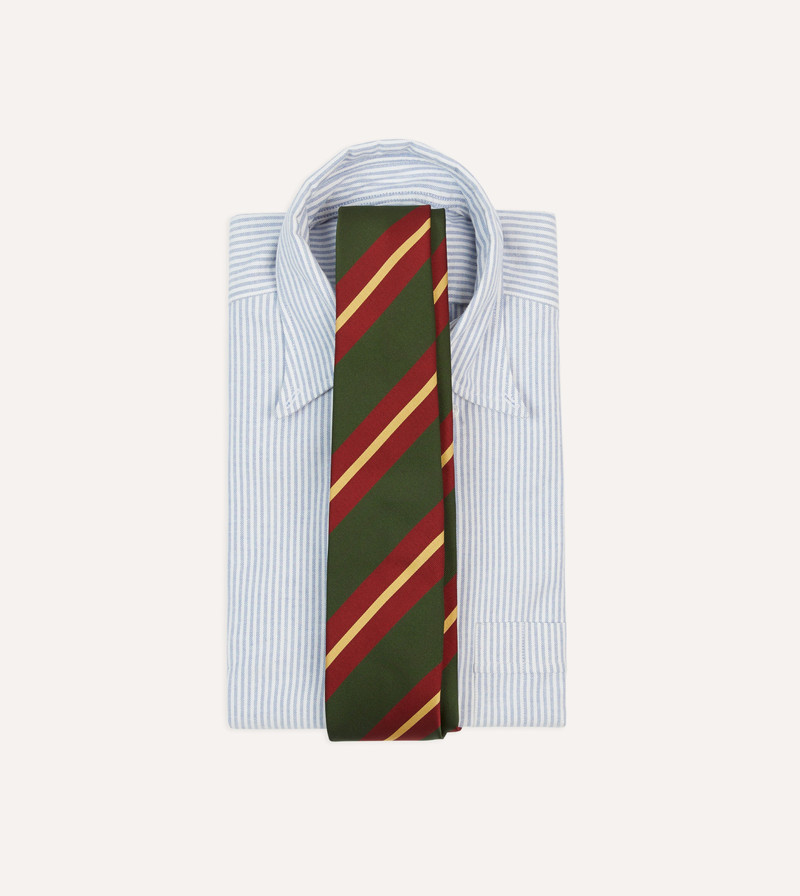 Drake's Green, Red and Gold Stripe Mogador Cotton-Silk Tipped Tie outlook