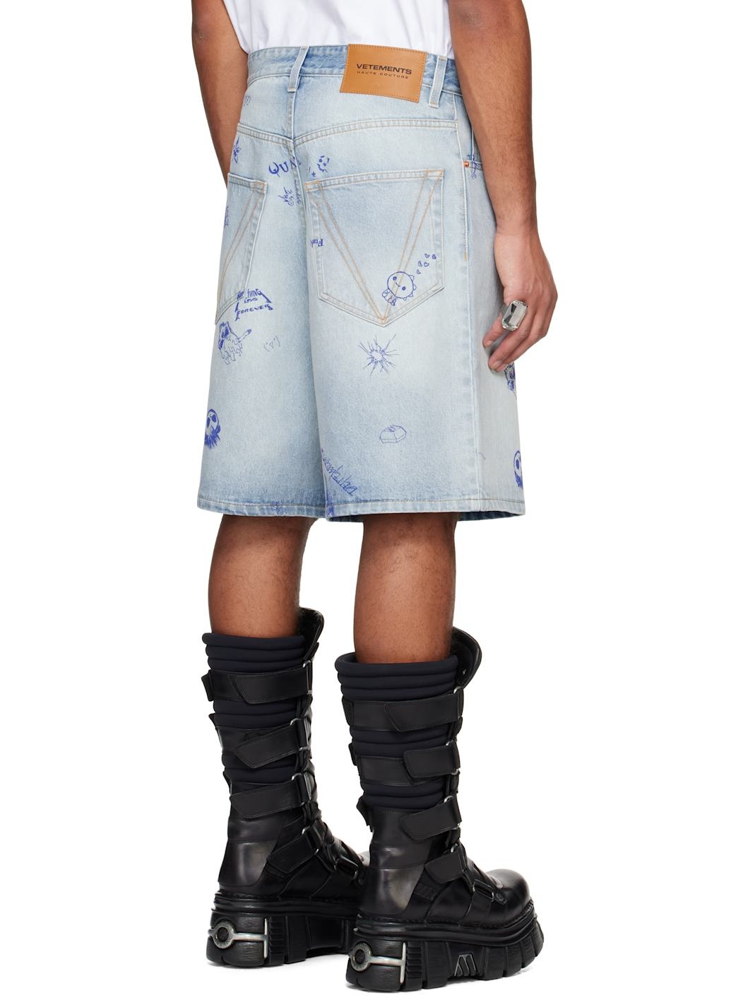 Blue Scribbled Denim Shorts - 3