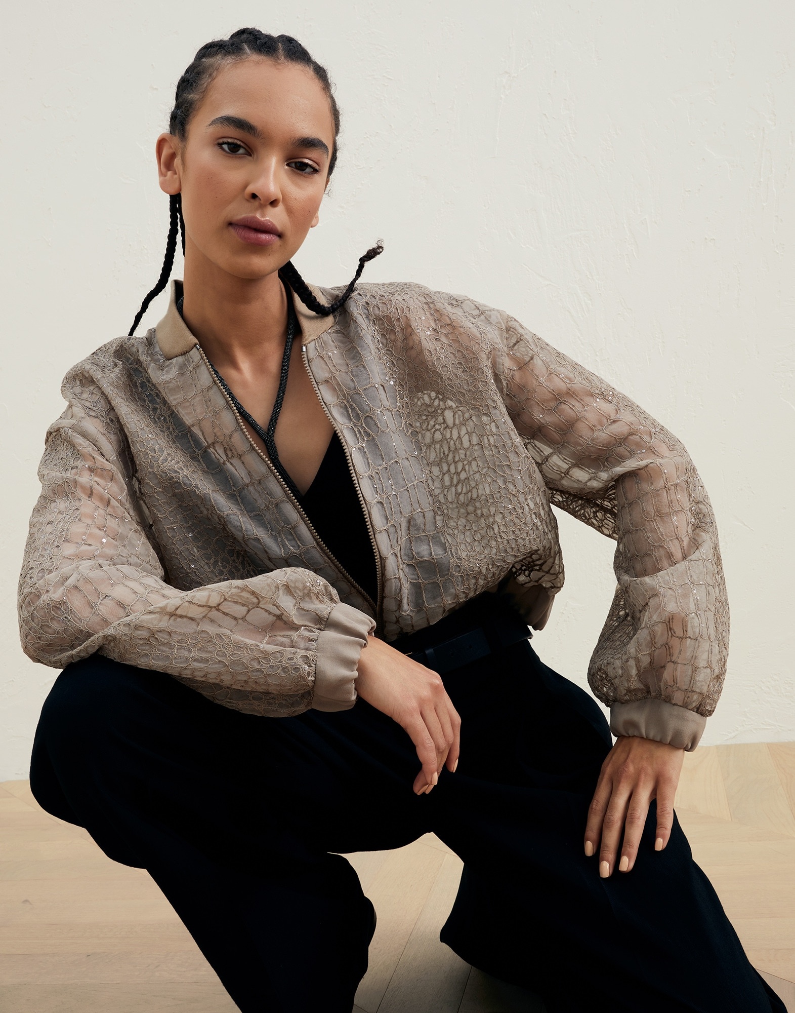 Crispy silk bomber jacket with dazzling crocodile embroidery - 4