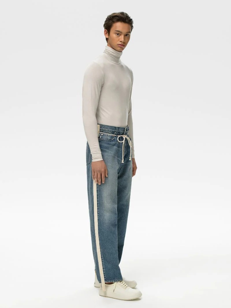 DRAWSTRING SIDE-TAPED DENIM PANTS - 2