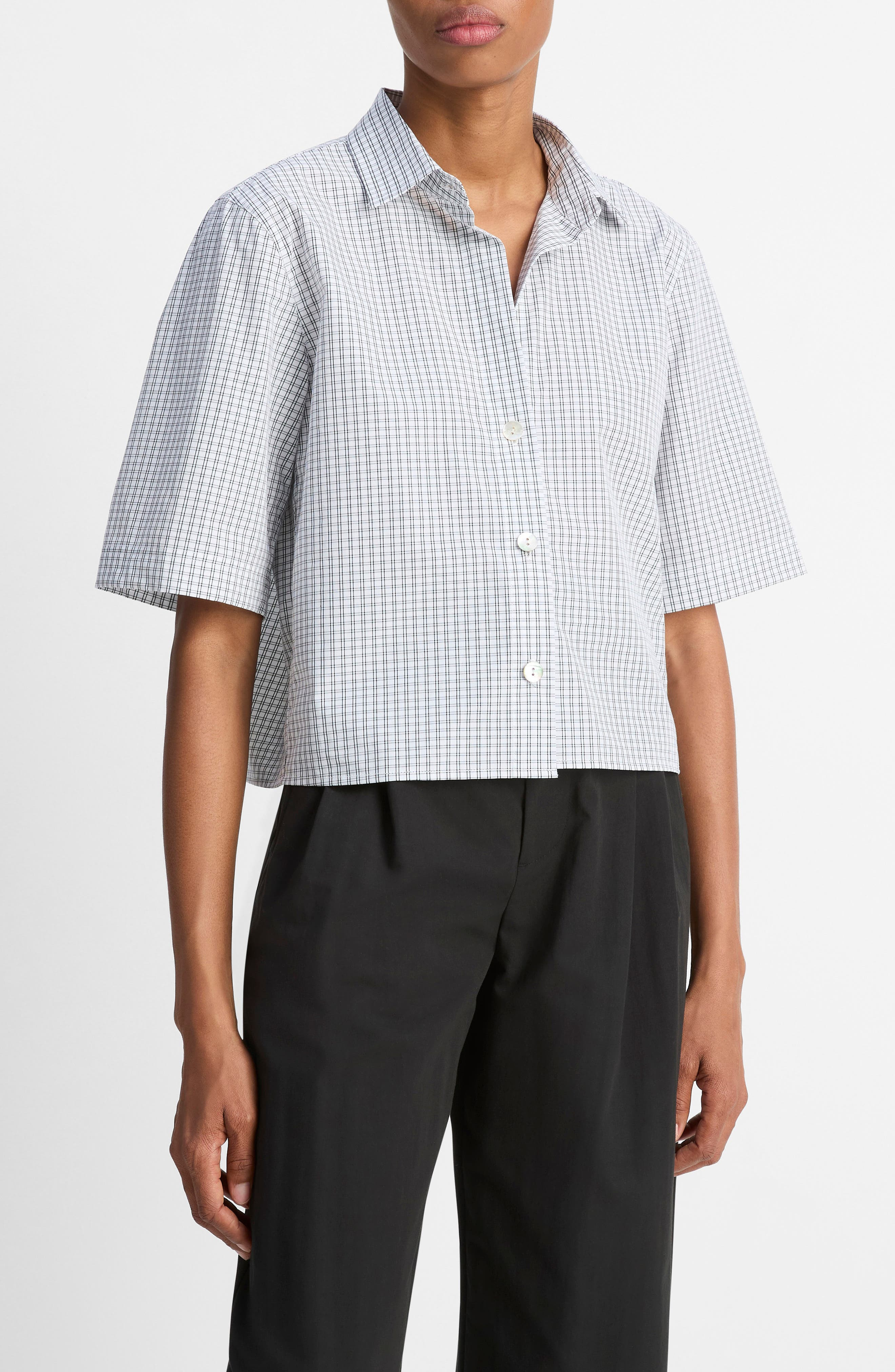 Vince Check Cotton Crop Button-Up Shirt in Off White/Coastal at Nordstrom - 3
