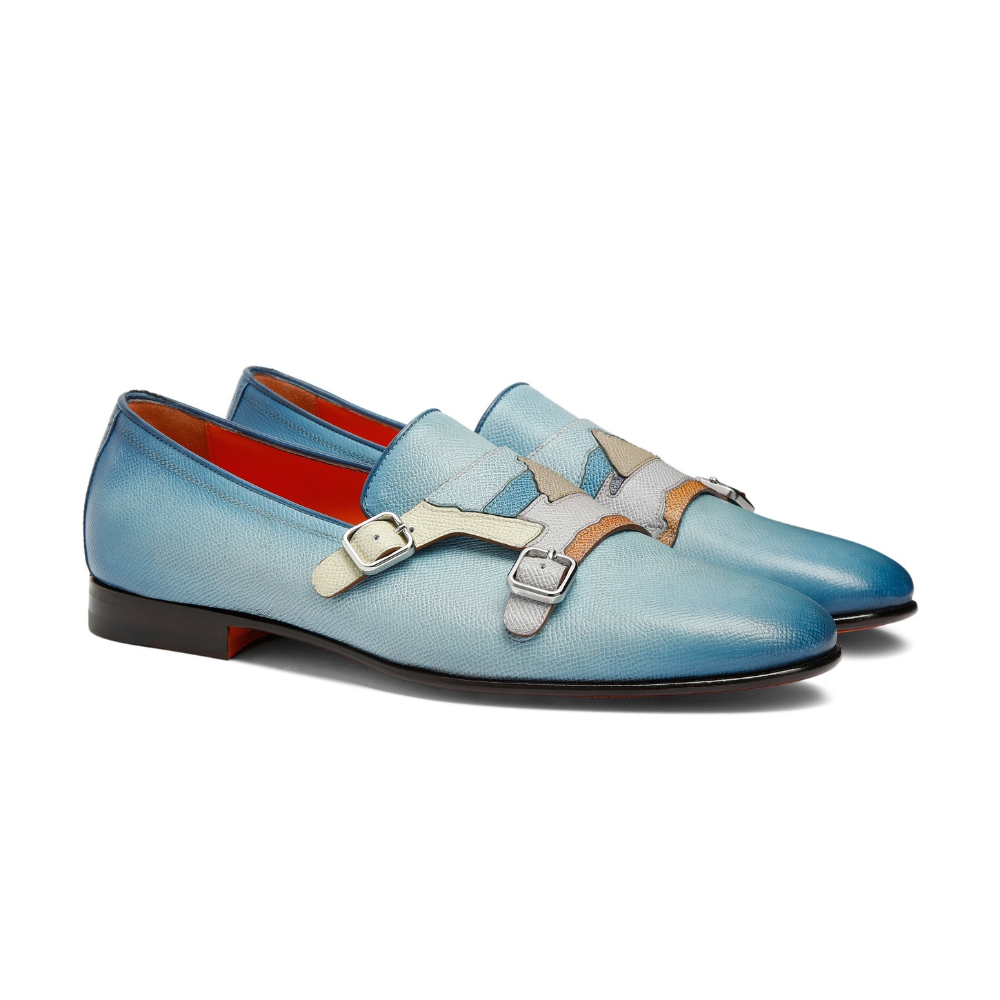 Men's light blue Saffiano leather double-buckle loafer - 3